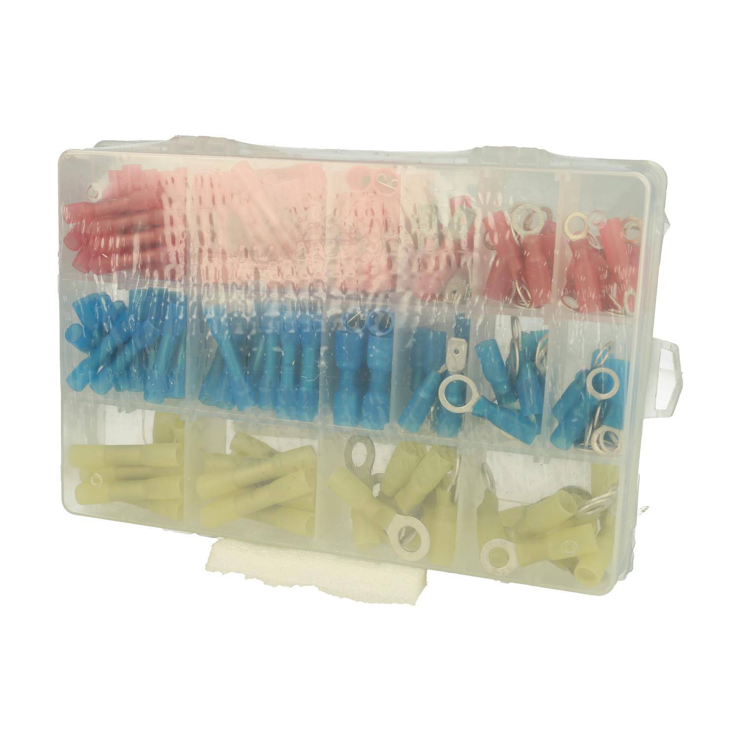 Ein transparenter Kunststoffkasten enthält verschiedenfarbige elektrische Klemmverbinder, die in Fächern angeordnet sind.