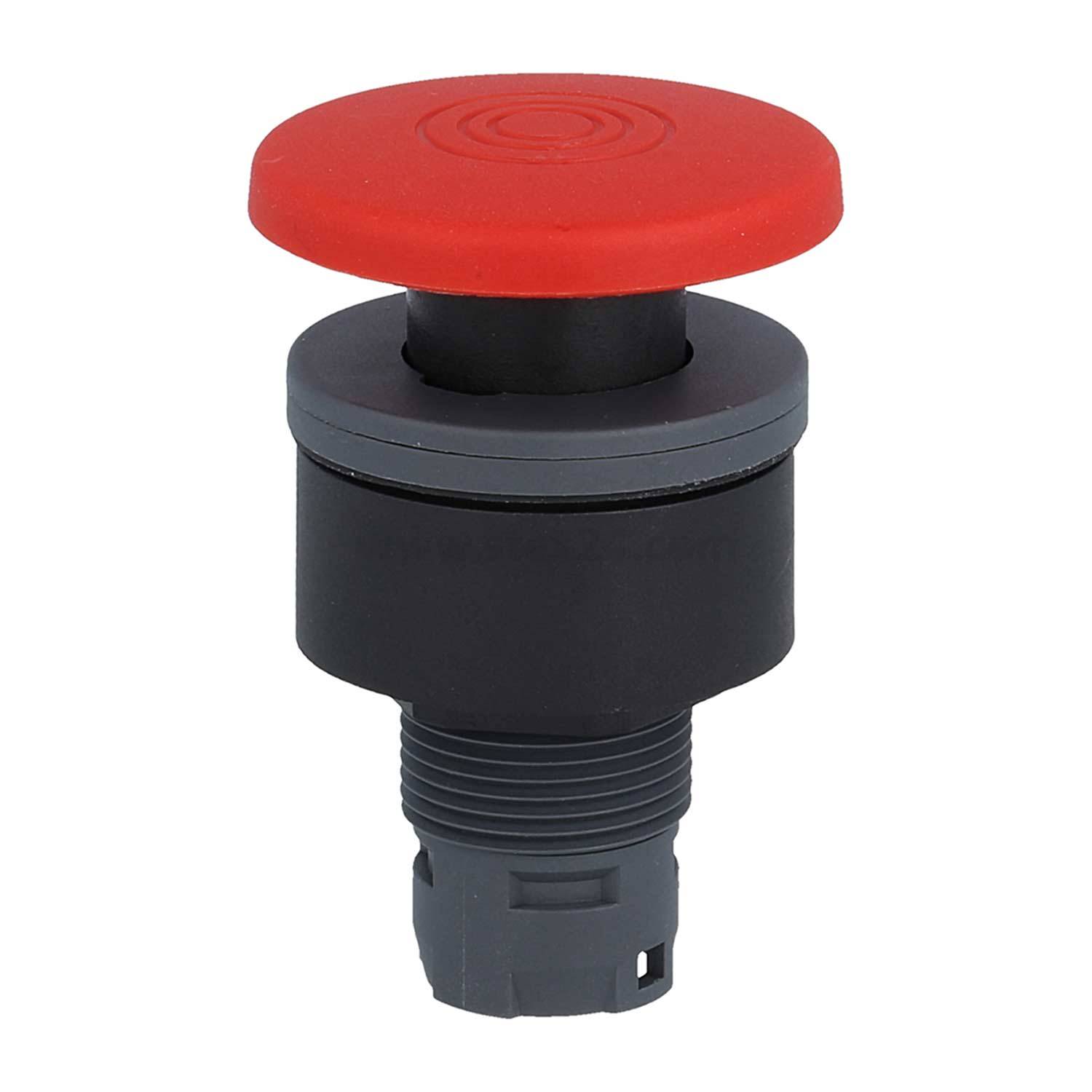 Roter Notaus-Knopf isoliert auf weißem Hintergrund. Wird verwendet, um Maschinen schnell aus Sicherheitsgründen abzuschalten.