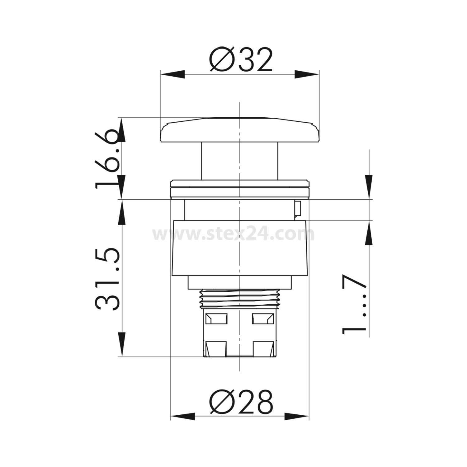 Technische Zeichnung eines Druckknopfs mit Maßen: Durchmesser 32 mm, Höhe 31,5 mm, zusätzliche Abmessungen beschriftet mit 16,6 mm und 28 mm.