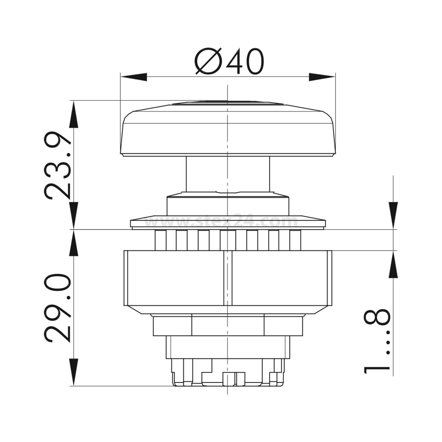 Technische Zeichnung eines zylindrischen Knopfes, beschriftet mit Ø40, mit Abmessungen: Höhe 23,9, Basishöhe 29,0, Montagebohrungsdurchmesserbereich von 1 bis 8.
