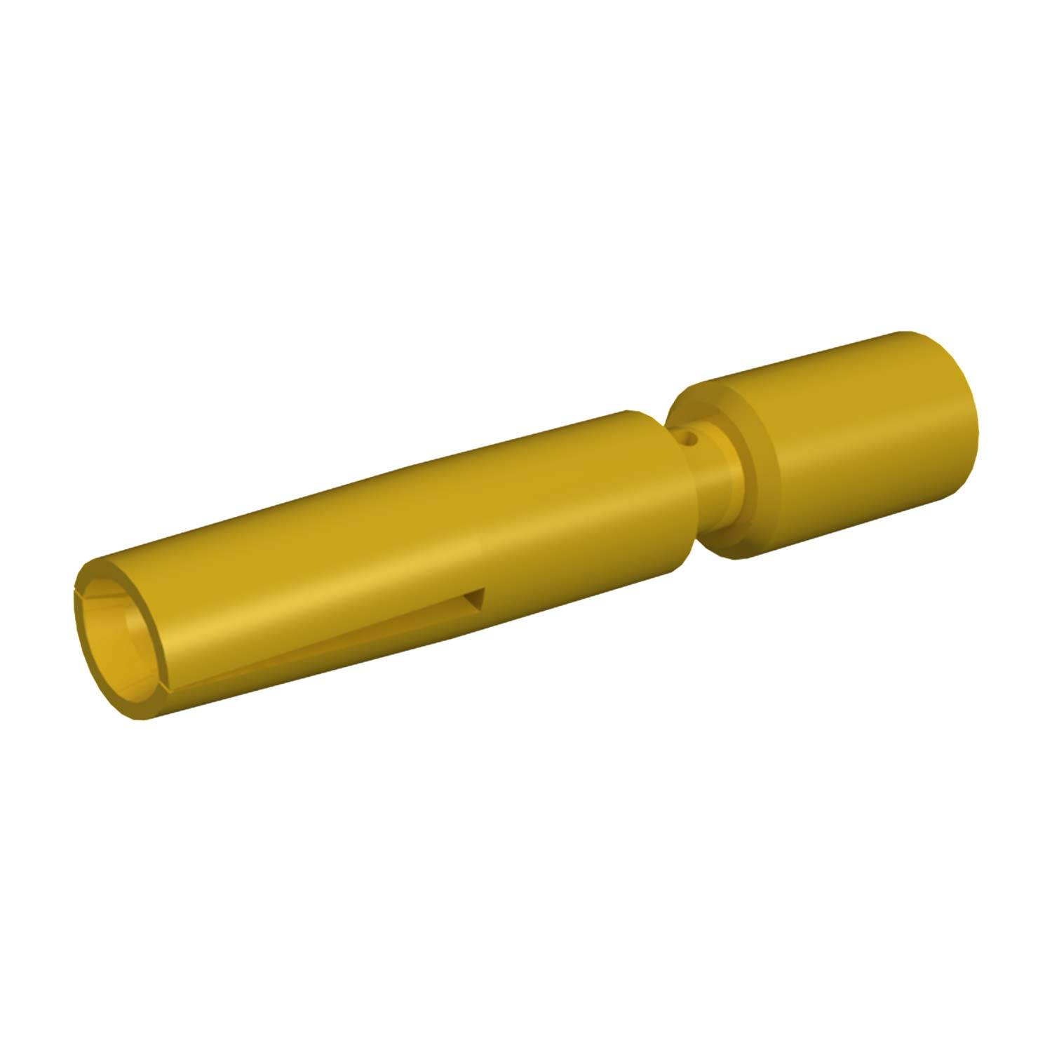 Ein goldfarbener zylindrischer Anschluss mit Schlitzdesign, verwendet für elektrische oder mechanische Verbindungen.