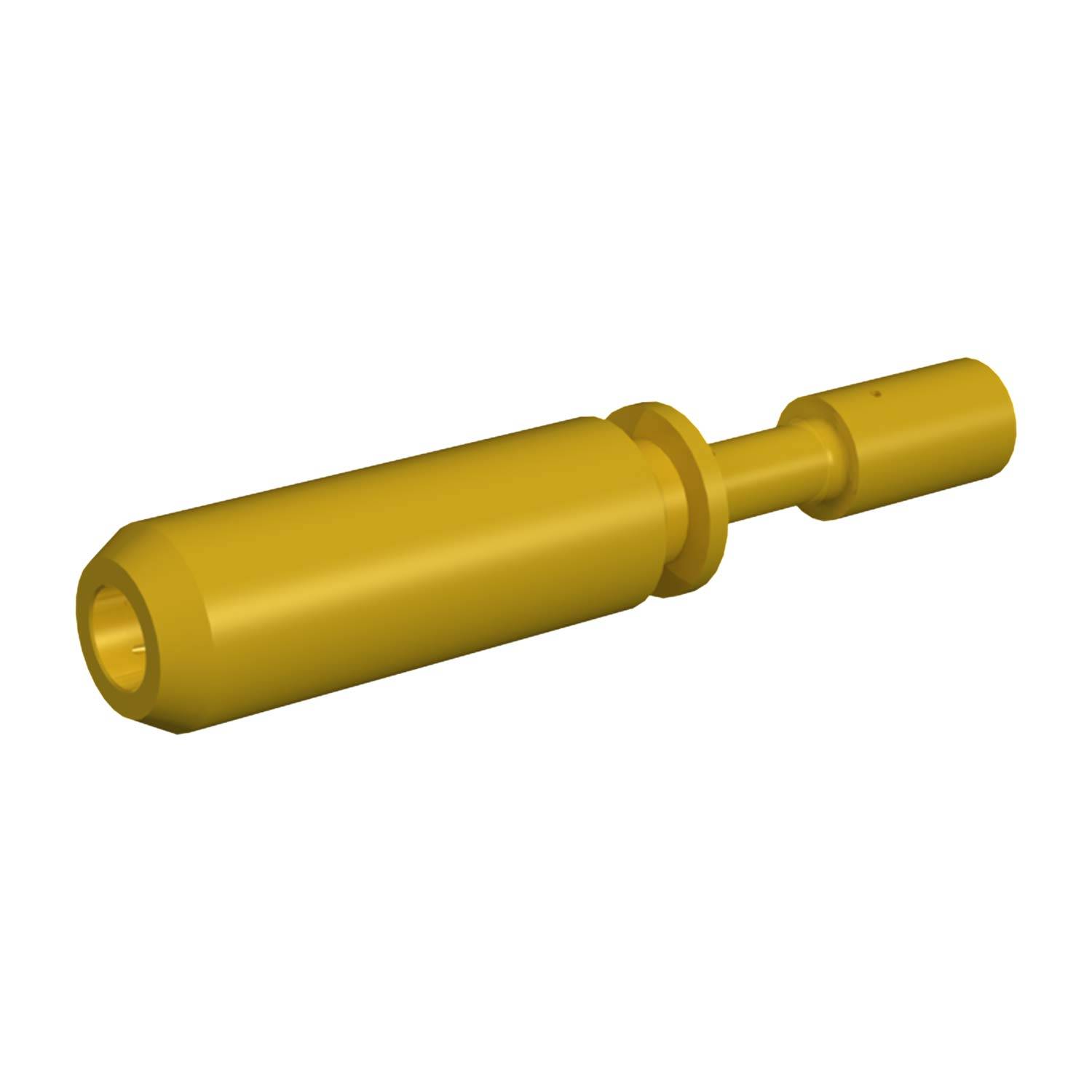 Ein 3D-gerendertes Bild eines gelben zylindrischen mechanischen Teils mit einer kleineren Welle, die von einem Ende ausgeht.