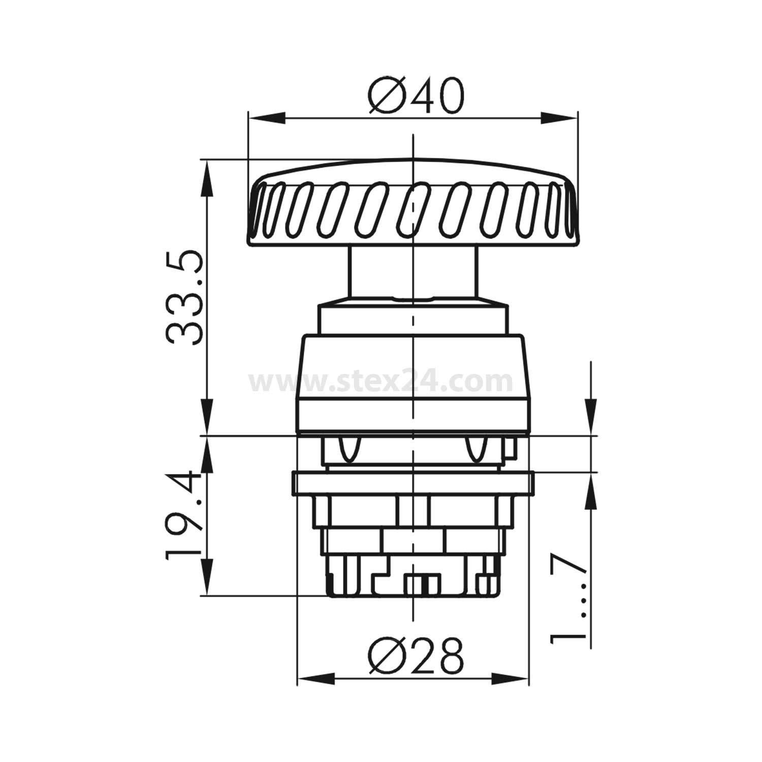 Diagramm eines runden Kontrollschalters, Durchmesser 40mm. Höhenmessungen: 33,5mm und 19,4mm; Basisdurchmesser 28mm.