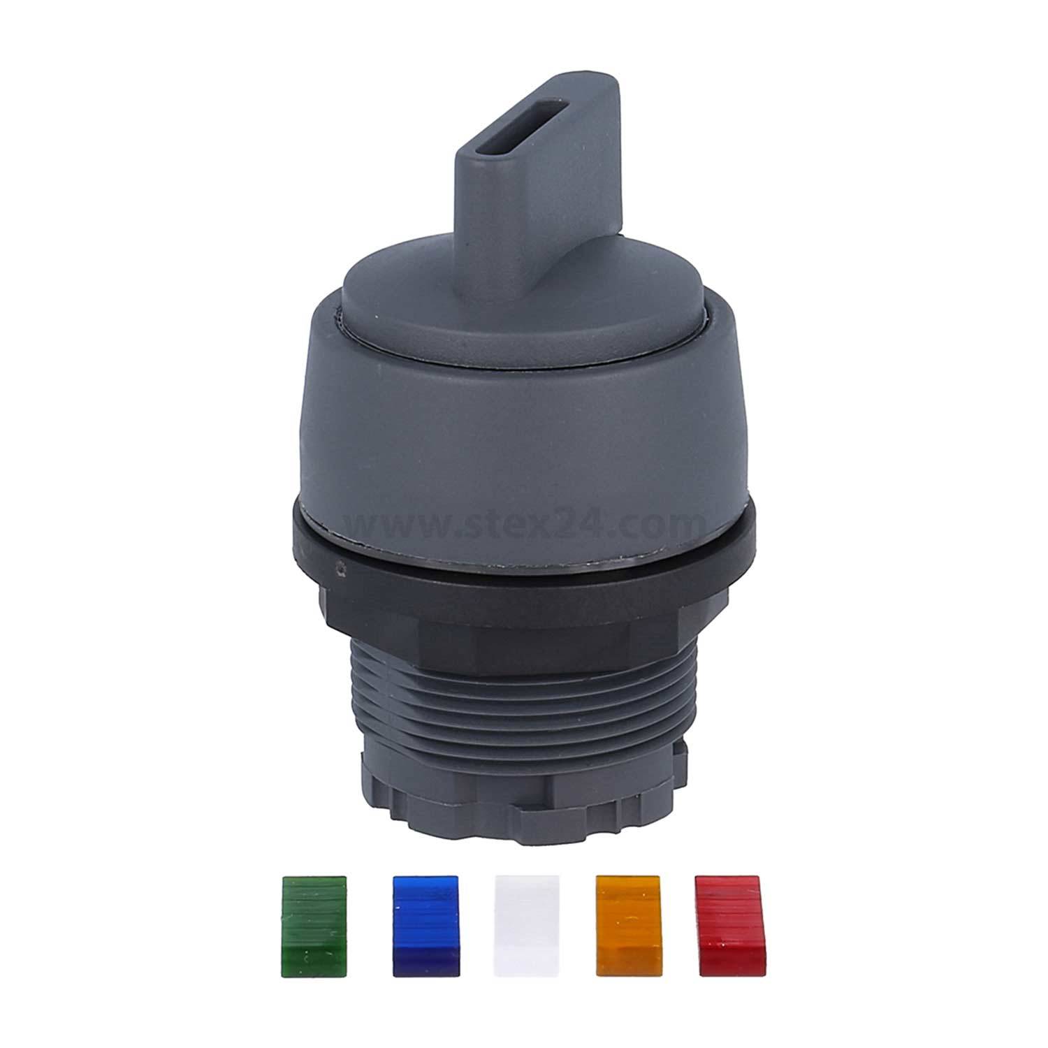 Ein grauer Schalterknopf mit auswechselbaren Farbeinlagen in Grün, Blau, Rot, Transparent und Gelb darunter.