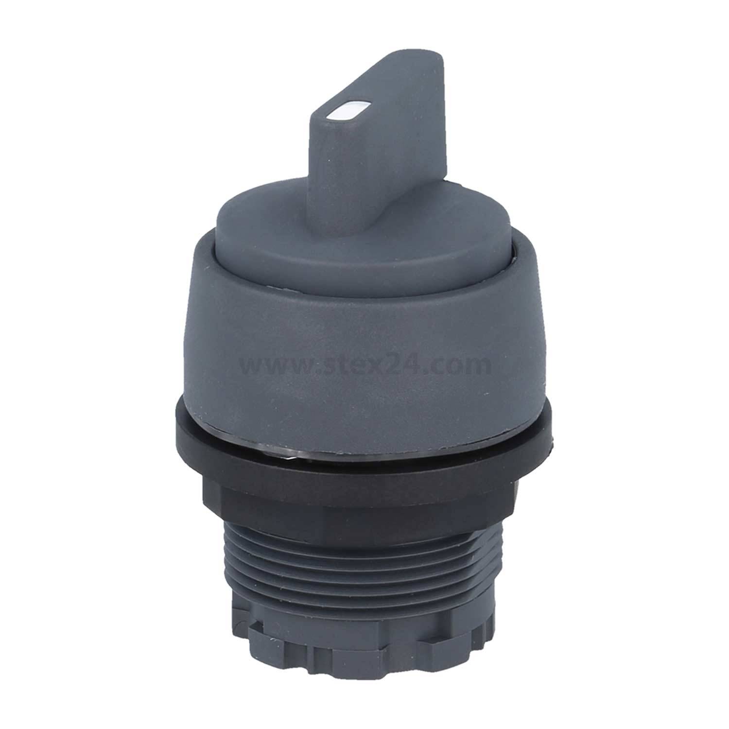 Ein grauer Drehschalter mit einem flachen, rechteckigen Knopf und Gewindesockel, der zur Steuerung elektrischer Schaltkreise in verschiedenen Geräten verwendet wird.