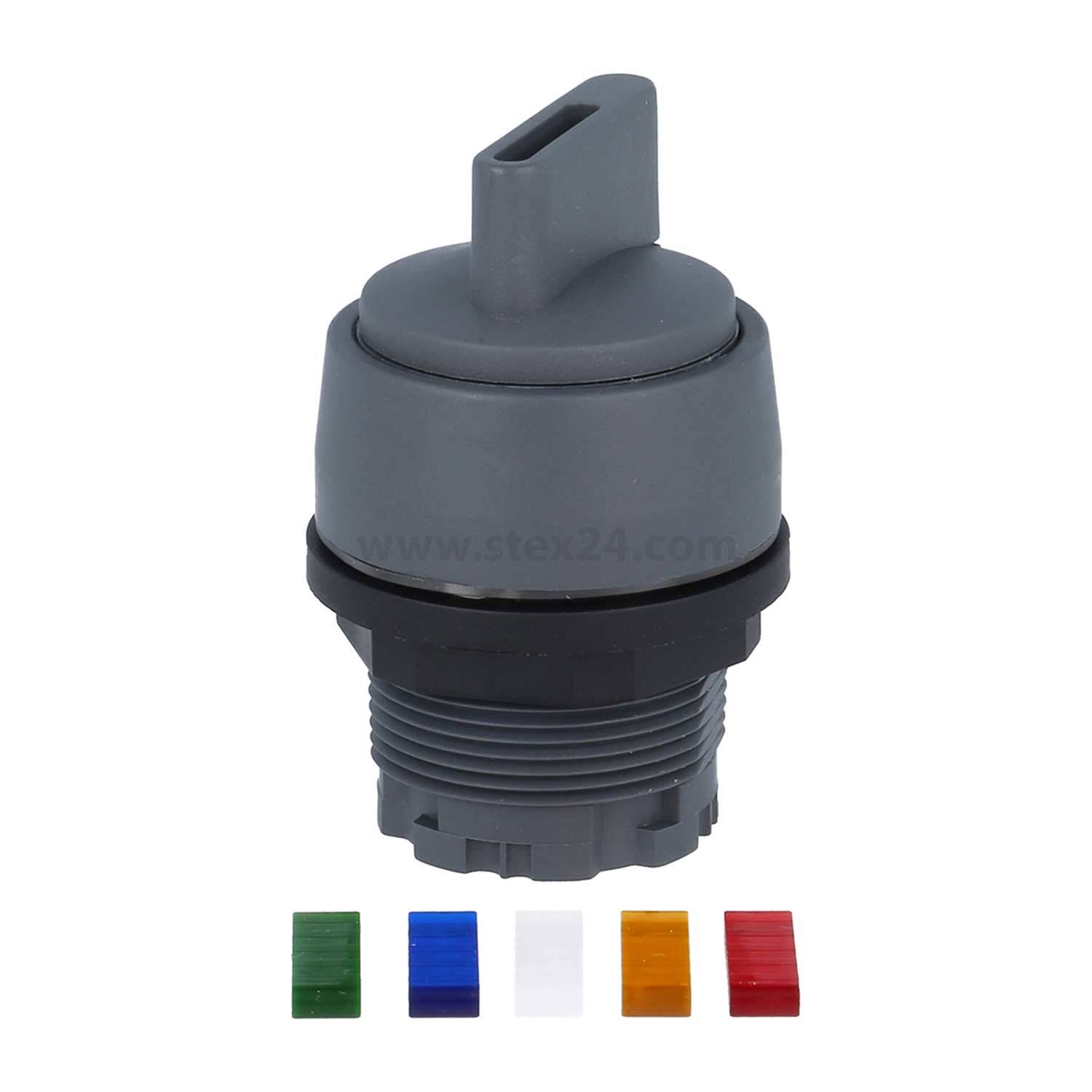 Grauer industrieller Kontrollknopf mit schwarzer Basis und fünf farbigen Abdeckungen: grün, blau, rot, gelb und orange.