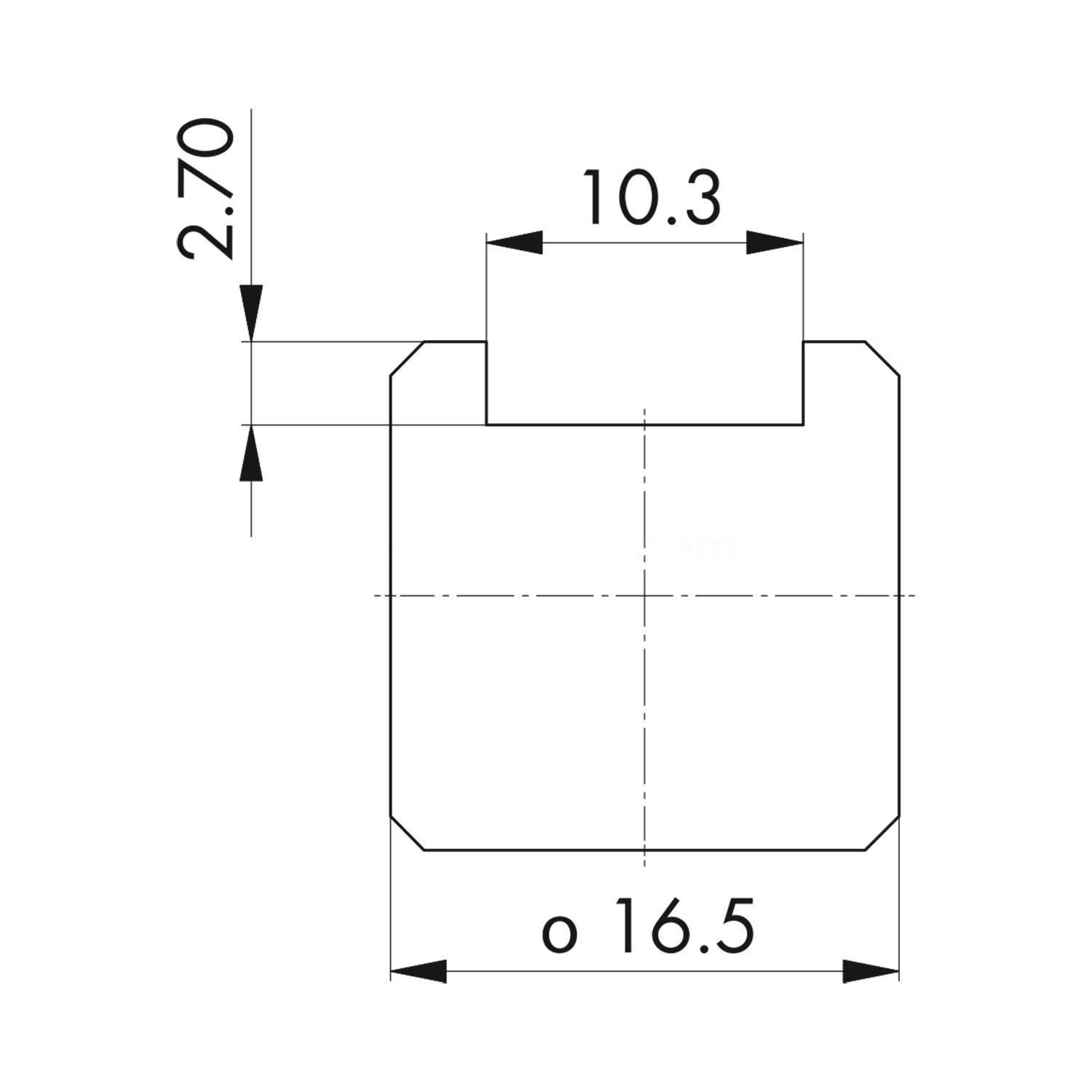 Technische Zeichnung eines zylindrischen Objekts; Breite oben 10,3 mm, Durchmesser 16,5 mm, Höhe 2,7 mm.