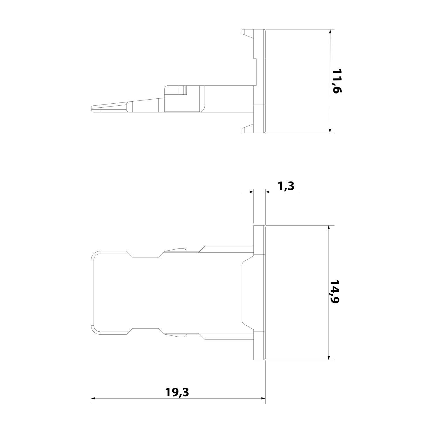 Technische Zeichnung von zwei Teilen mit Abmessungen: Ein Teil ist 11,6 cm lang, das andere 19,3 cm breit. Vertikale Messungen sind 1,3 cm und 14,9 cm.