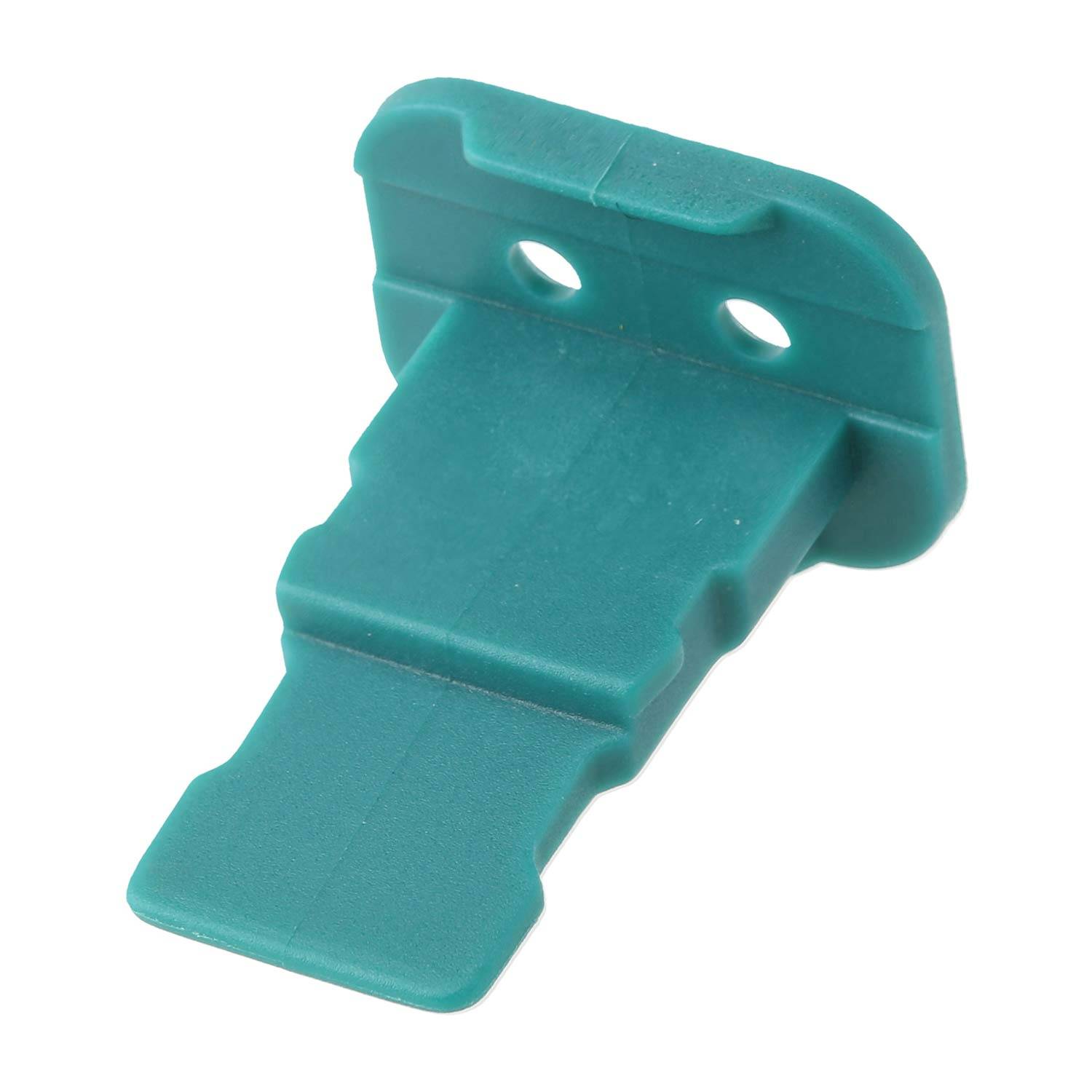 Eine grüne Kunststoffhalterung mit zwei Löchern oben zum Befestigen oder Anbringen.