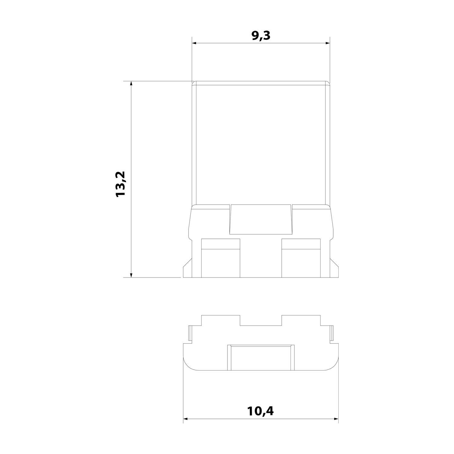 Technische Zeichnung eines rechteckigen Bauteils mit Abmessungen: Höhe 13,2 cm, Breite 10,4 cm an der Basis, 9,3 cm am oberen Ende.