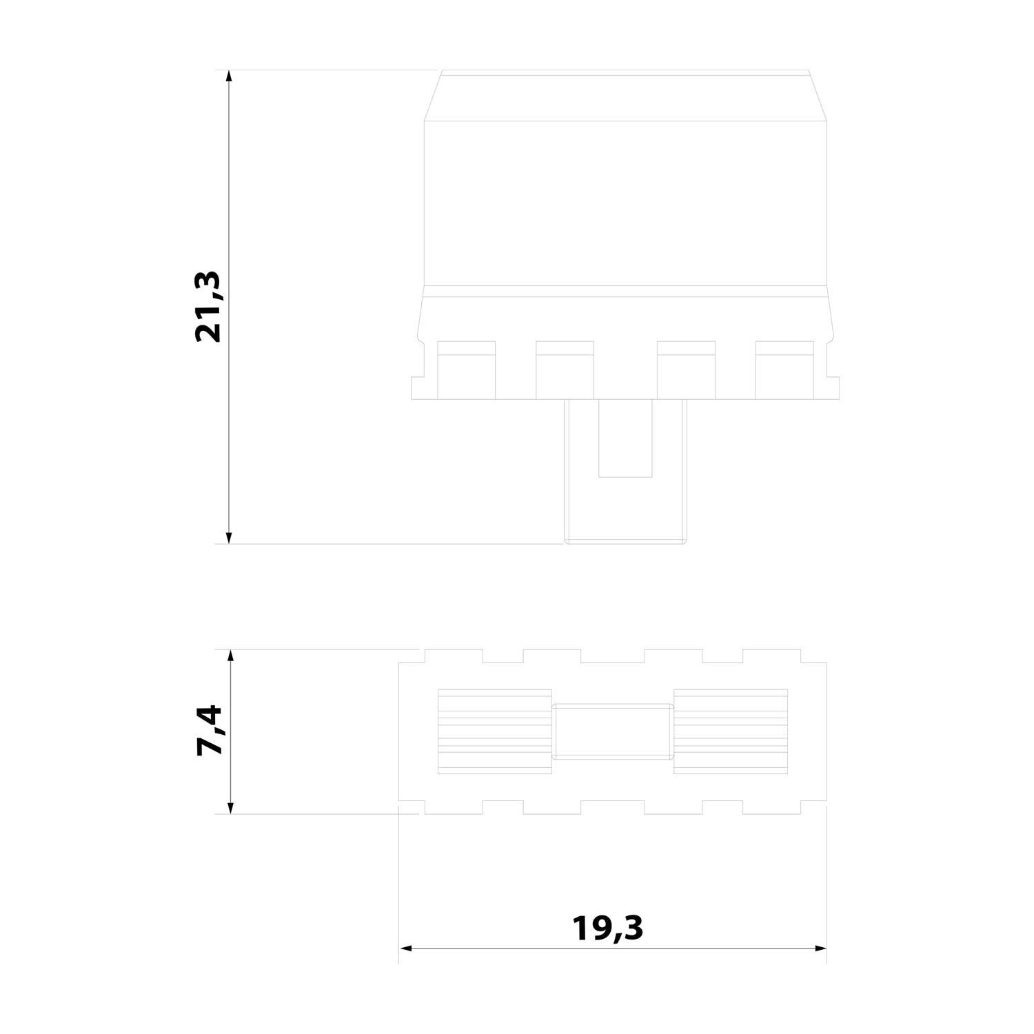 Technische Zeichnung mit Abmessungen einer Komponente: Draufsicht ist 19,3 Einheiten breit, Seitenhöhe beträgt 21,3 Einheiten, Basishöhe ist 7,4 Einheiten.