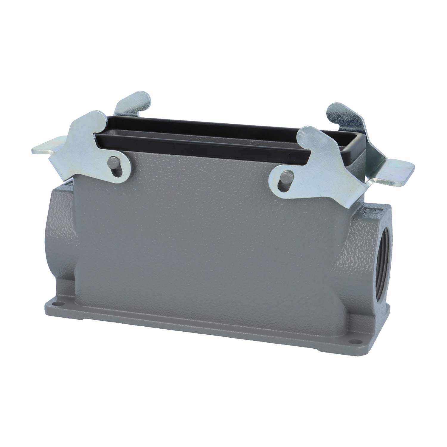 Graues industrielles Anschlussgehäuse mit zwei metallischen Verriegelungen oben, konzipiert für Kabel- oder Ausrüstungsverbindungen.