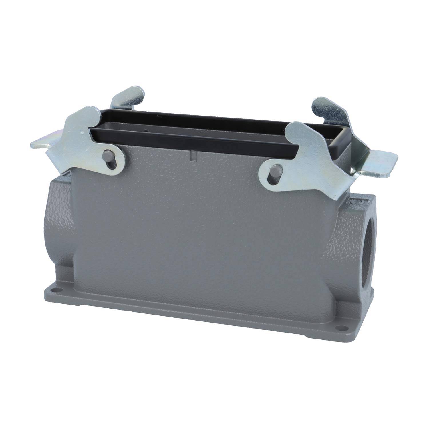 Ein rechteckiges, graues Metallverbindungsgehäuse mit zwei silbernen Verschlussclips an beiden Seiten, entwickelt für industrielle Kabelverbindungen.