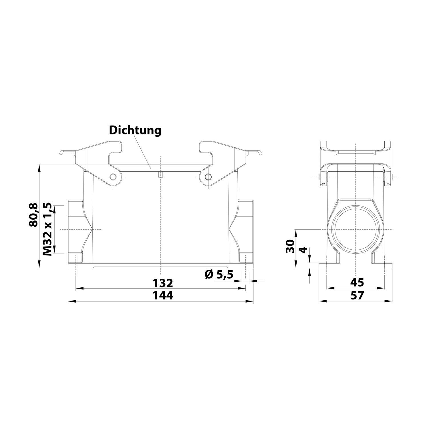 Technische Zeichnung mit zwei Ansichten einer mechanischen Rohrschelle, mit in Millimetern beschrifteten Abmessungen. Draufsicht: M32x1,5, 132 mm Breite. Seitenansicht: 45 mm, 57 mm Höhe.