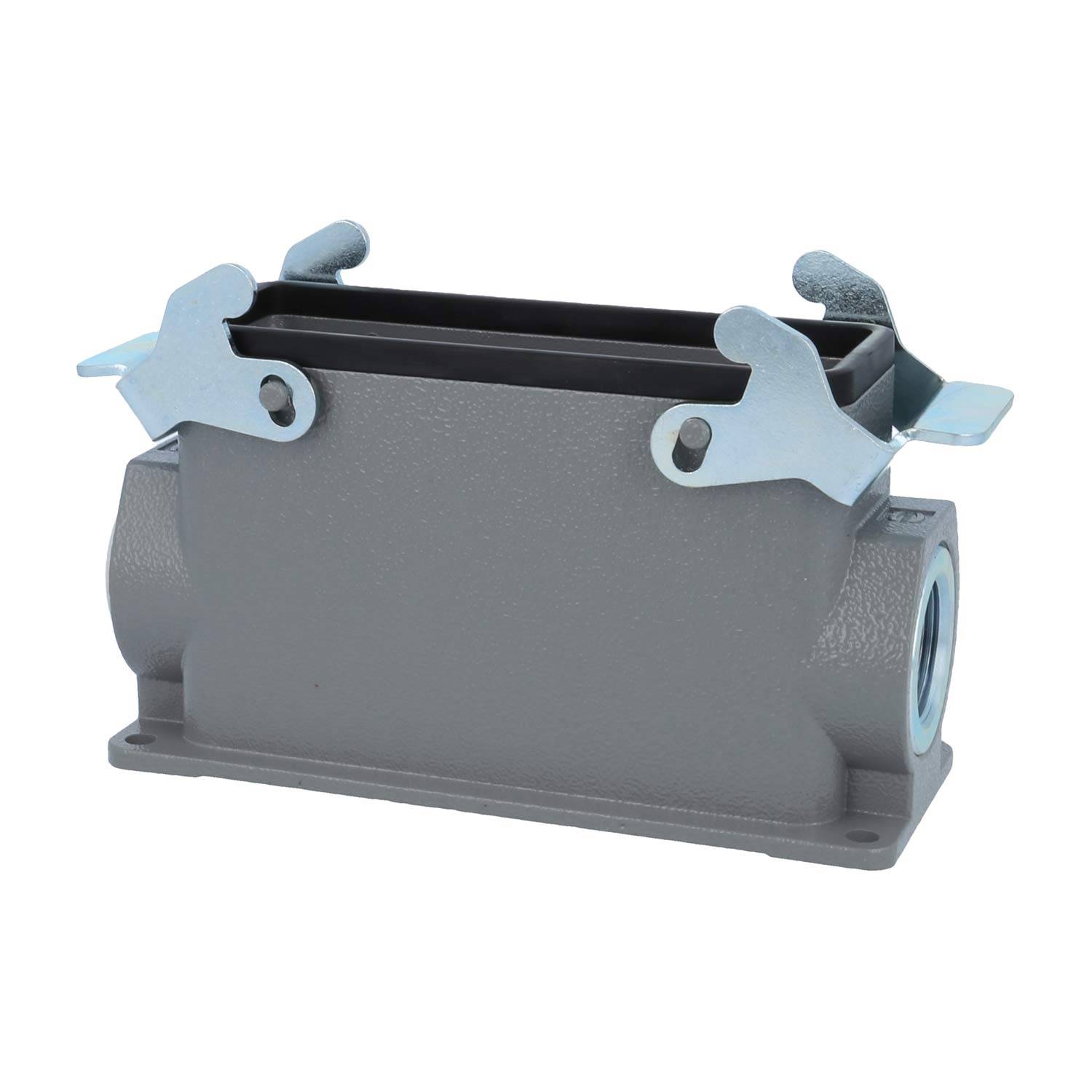 Rechteckiges Metallverbindungsgehäuse mit zwei gelenkartig befestigten Verriegelungsclips auf der Oberseite, das zum Schutz und zur Sicherung elektrischer Verbindungen konzipiert ist.