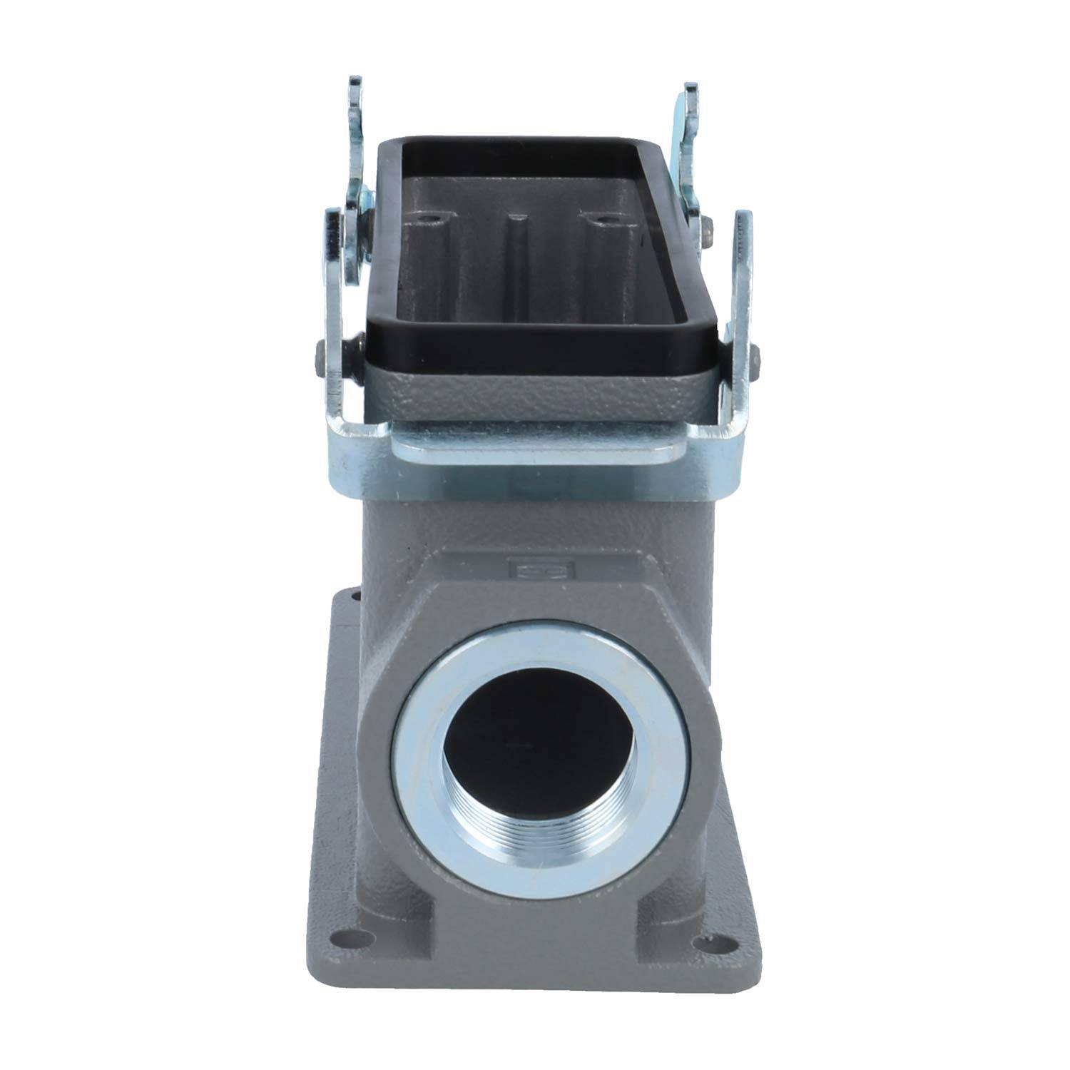 Frontansicht eines metallischen elektrischen Verbindungsgehäuses mit offenem Deckel und einer runden, verschraubbaren Eintrittsstelle am Boden für Kabelzugang.