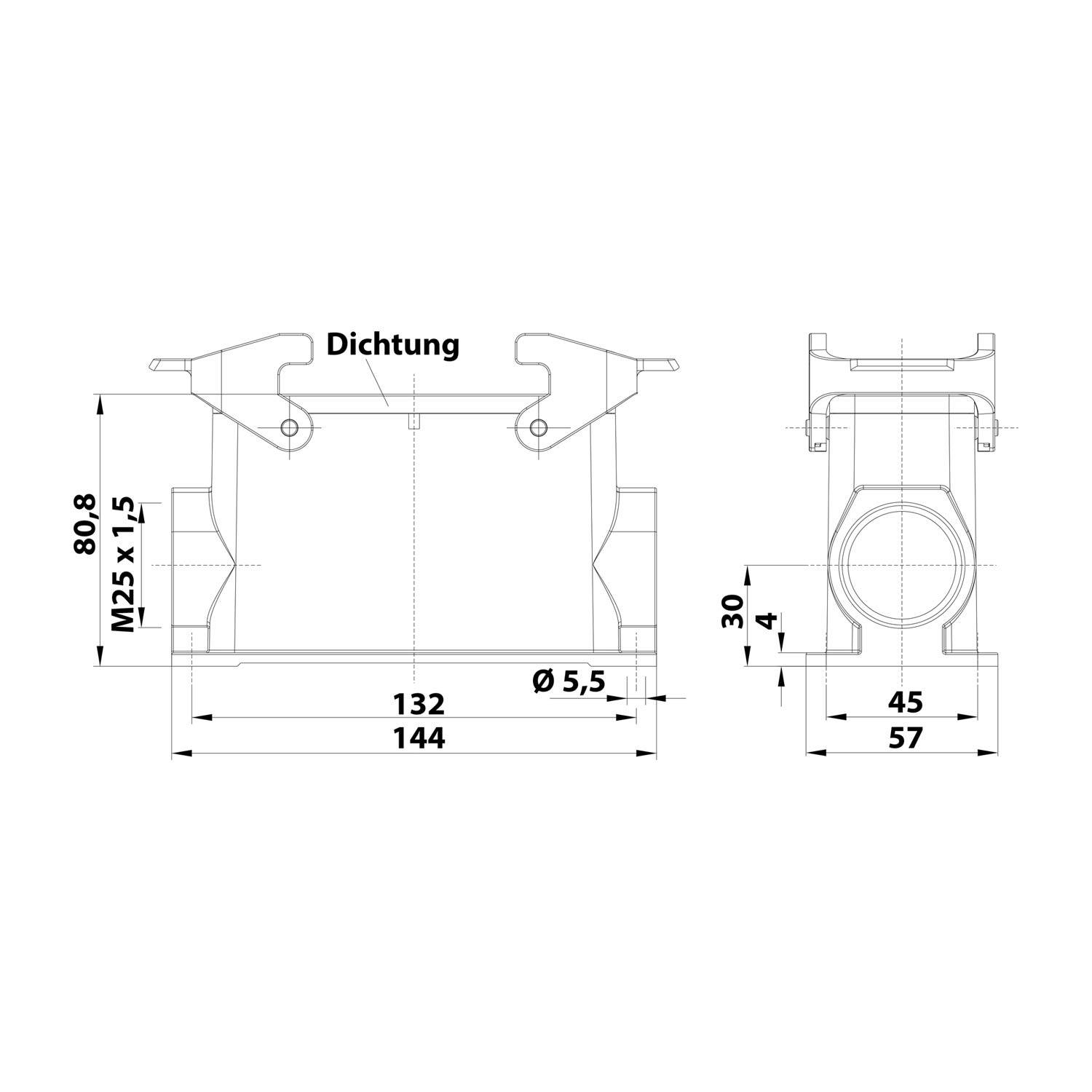 04300240263 HARTING Han 24B Sockelgehäuse hoch, 1xM25 seitlicher Kabelabgang, mit 2 Querbügeln Verschraubung M25