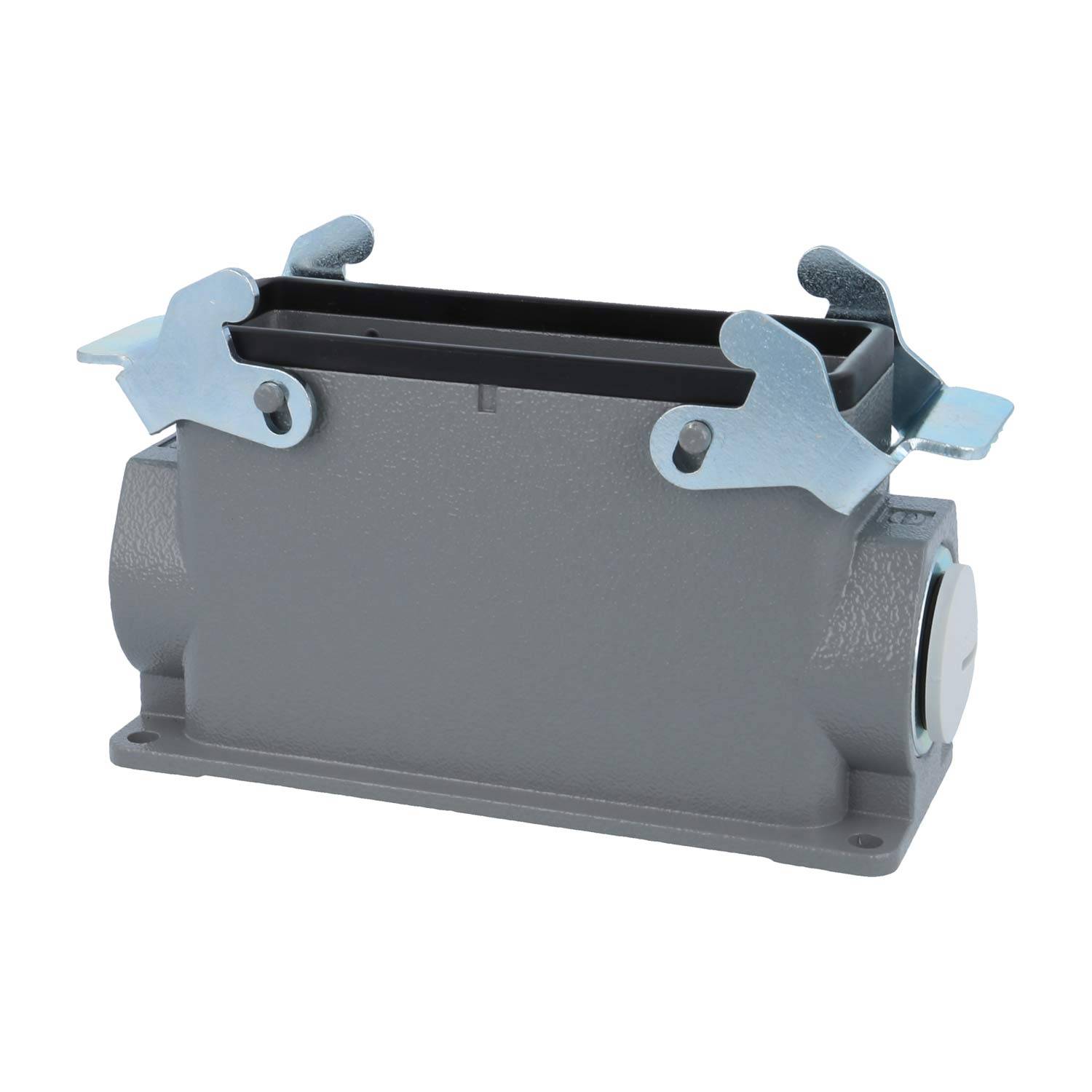 Ein rechteckiges graues industrielles Anschlussgehäuse mit zwei Metallclips an jeder Seite zur Befestigung, aus einem Winkel betrachtet.