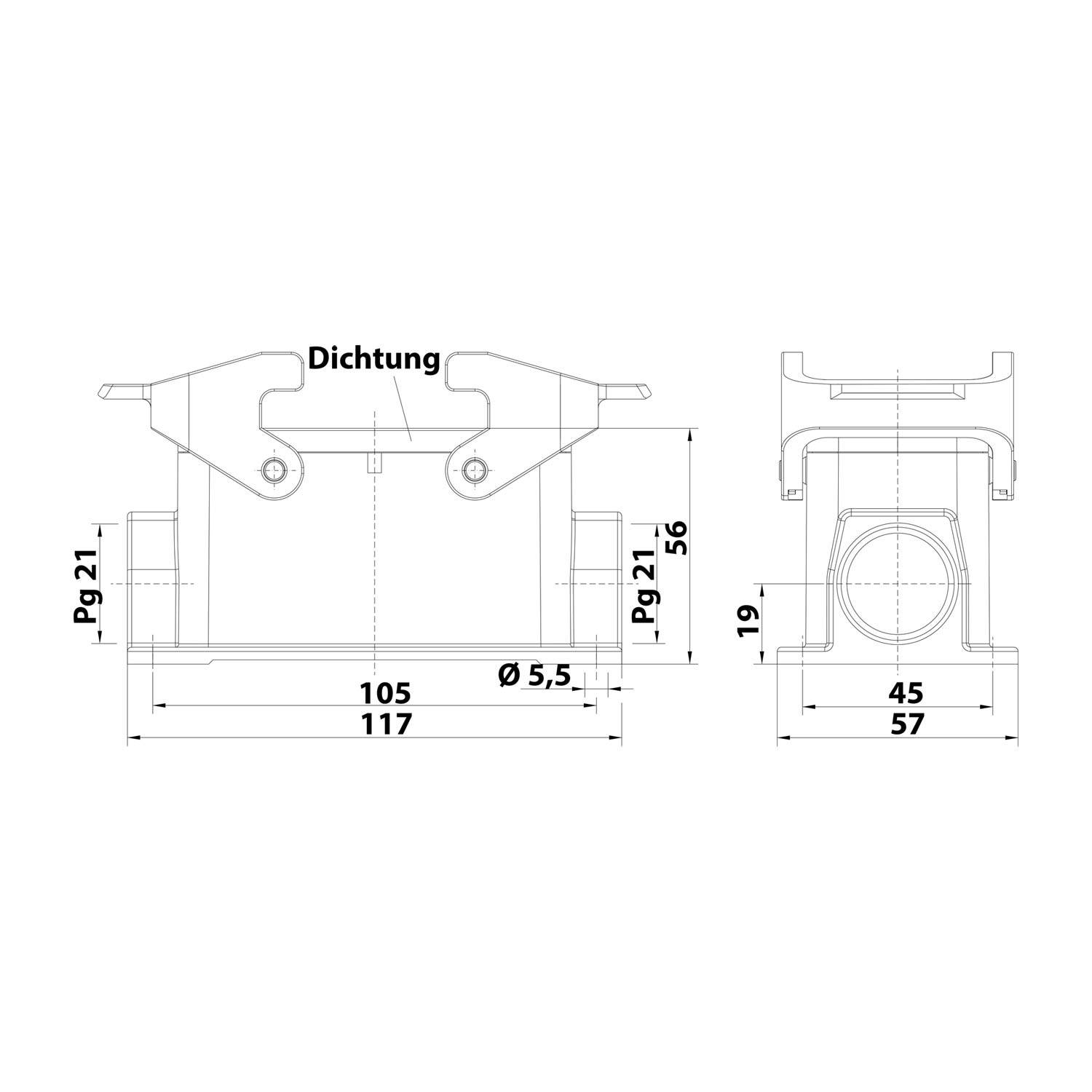 04300161270 HARTING Han 16B Sockelgehäuse niedrig, 2xPG21 seitlicher Kabelabgang, mit 2 Querbügeln Verschraubung PG21