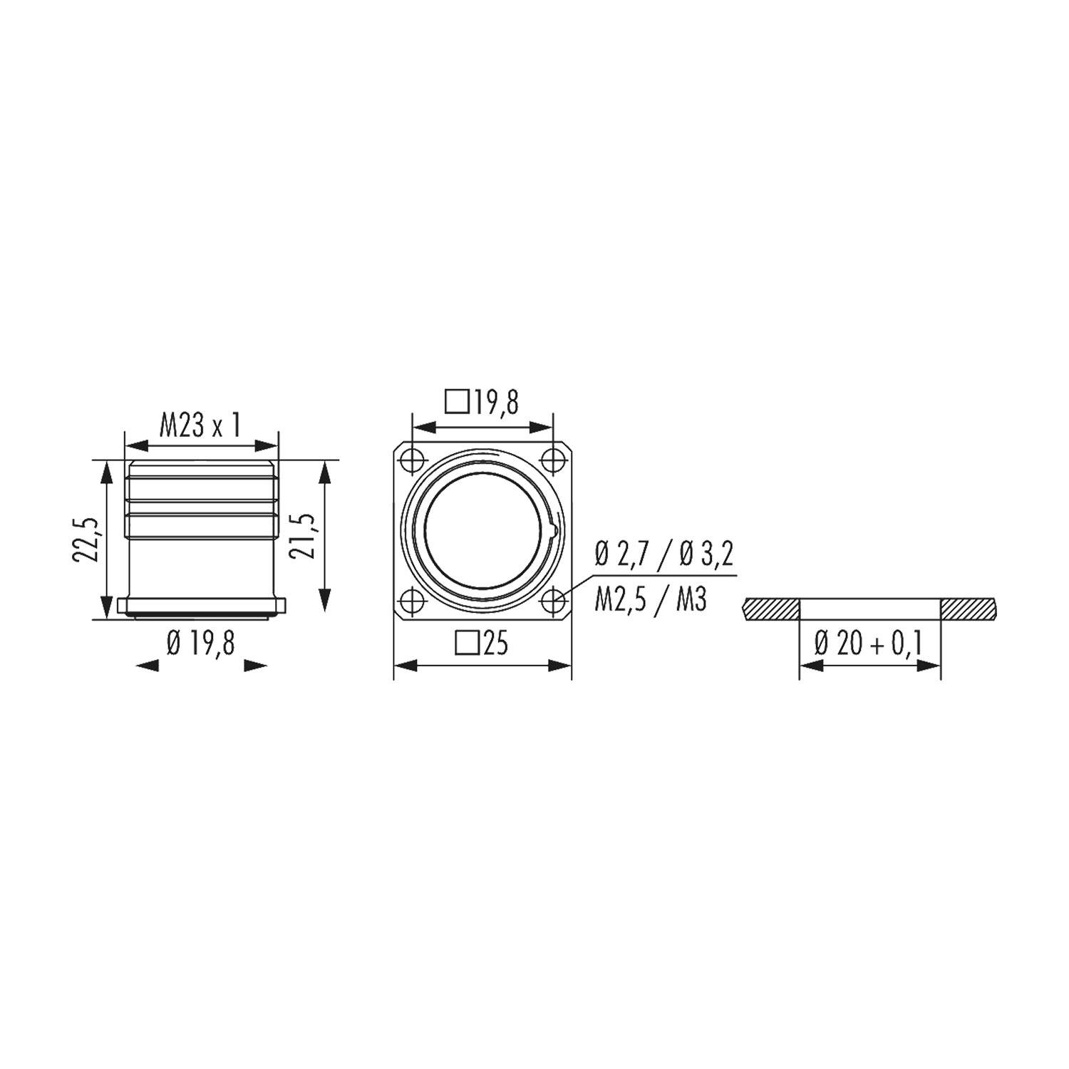 Technische Zeichnung einer mechanischen Komponente mit Maßangaben, Darstellung von Vorder- und Seitenansicht. Details umfassen M23 x 1, Ø19,8 und Ø25 Messungen.