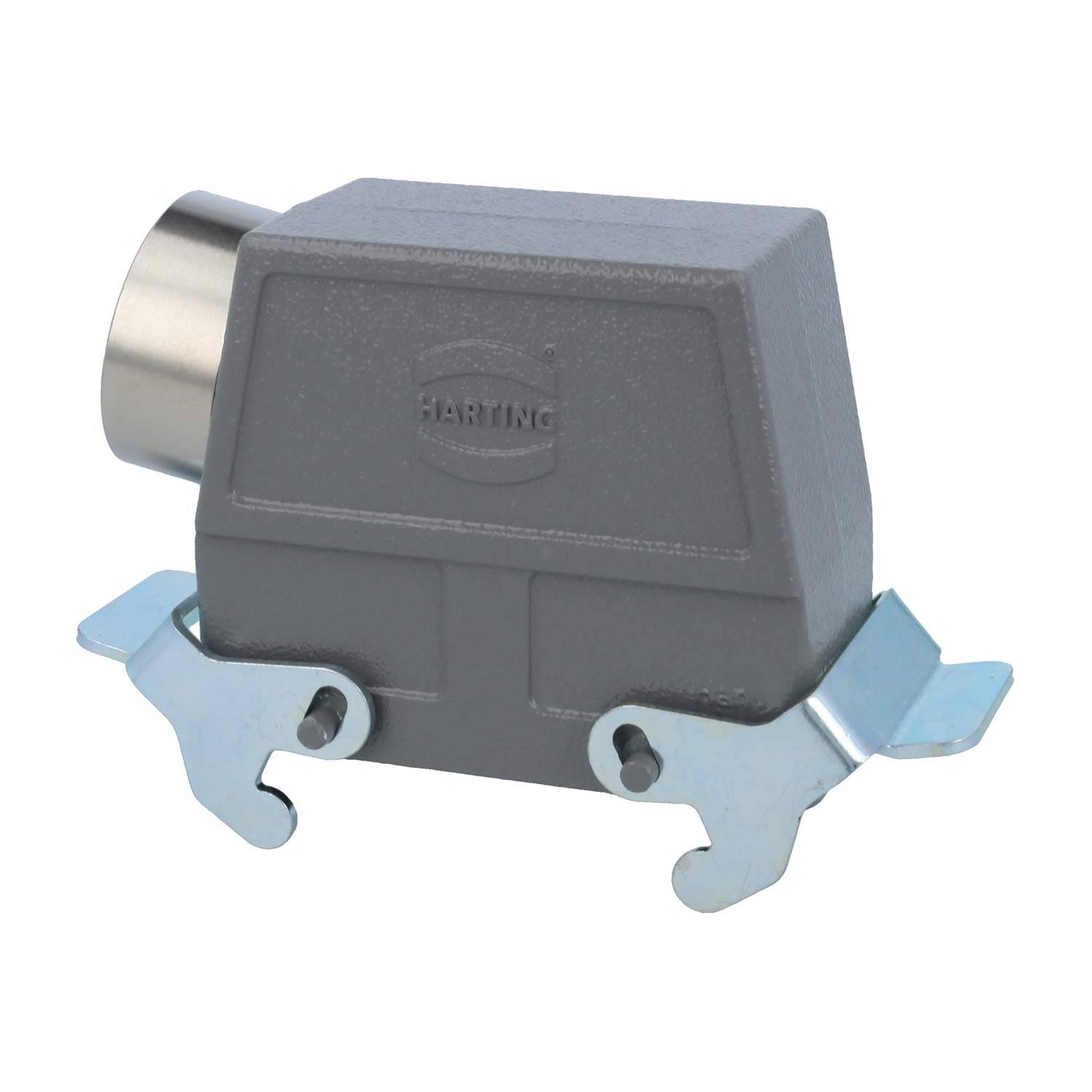 Ein rechteckiges metallisches Anschlussgehäuse mit Verriegelungshebeln, das mit der Markenbeschriftung 'HARTING' an seiner Seite geprägt ist.
