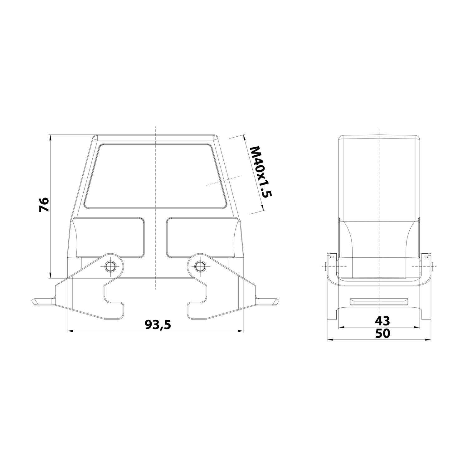 HARTING Han 16B Tüllengehäuse hoch, 1xM40 seitlicher Kabelabgang, mit 2 Querbügeln Verschraubung M40 Klemmbereich