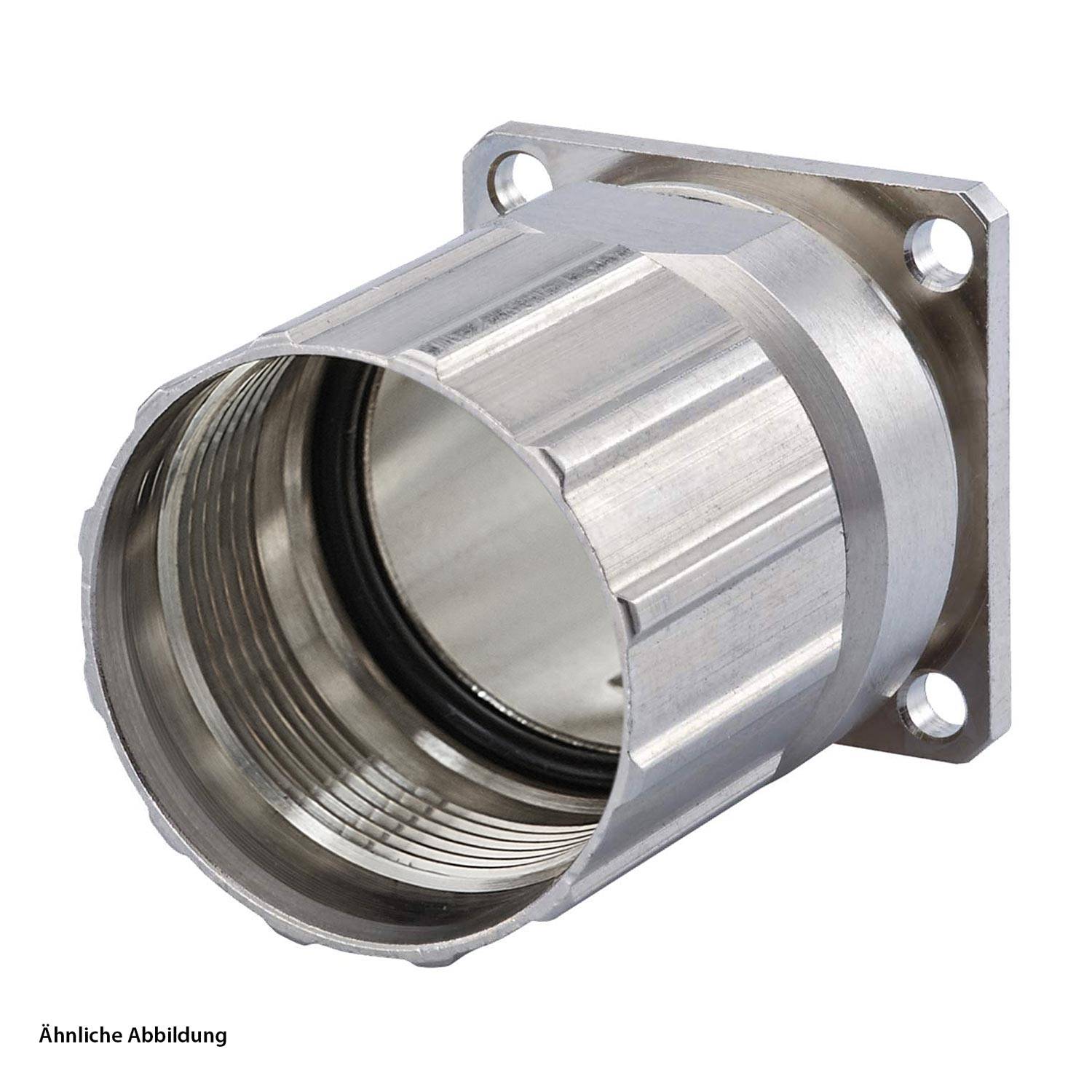 Ein zylindrischer Metallverbinder mit Innengewinde, montiert auf einem quadratischen Flansch mit vier Schraublöchern, konzipiert für sichere Befestigungen.