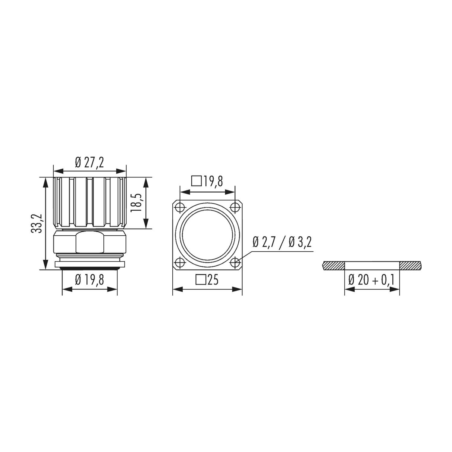 Technische Zeichnung einer mechanischen Komponente mit Abmessungen: Höhe 33,2 mm, Breite 27,2 mm. Enthält Durchmessermessungen.