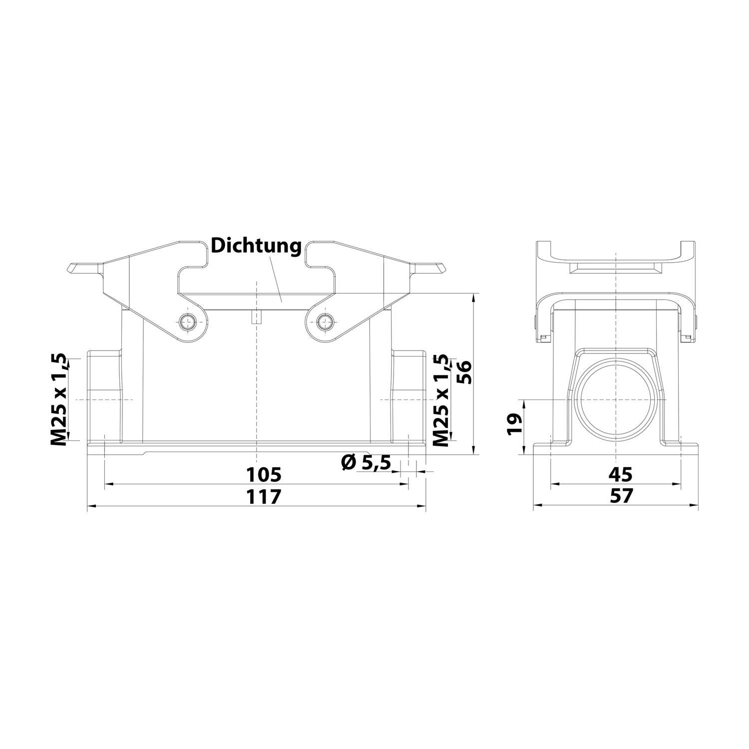 Technische Zeichnung, die Dichtungsabmessungen mit Maßangaben zeigt: 105 mm Länge, 57 mm Breite, 19 mm Höhe, gekennzeichnet mit M25 x 1.5.