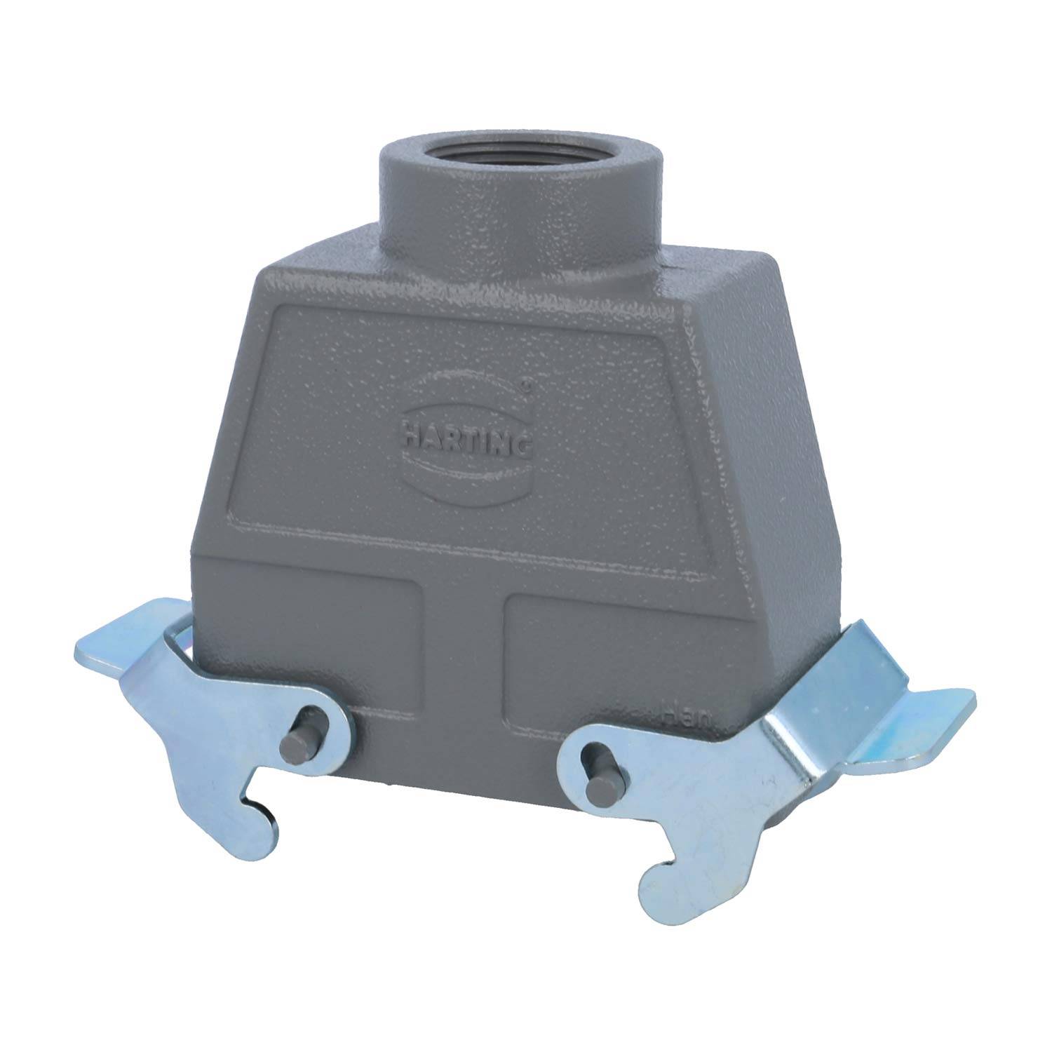 Ein grauer industrieller Anschlussdeckel der Marke 'Harting' mit zwei metallischen Klemmhebeln an den Seiten, verwendet für sichere elektrische Verbindungen.