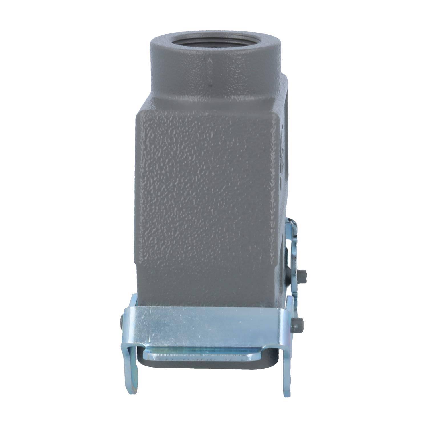 Ein graues industrielles Anschlussgehäuse mit einem Metallverschluss, das zur Sicherung elektrischer Verbindungen verwendet wird.