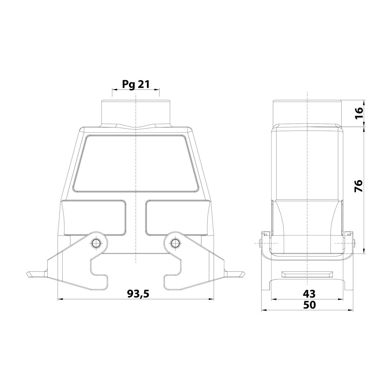04300160430 HARTING Han 16B Tüllengehäuse hoch, 1xPG21 gerader Kabelabgang, mit 2 Querbügeln Verschraubung PG21