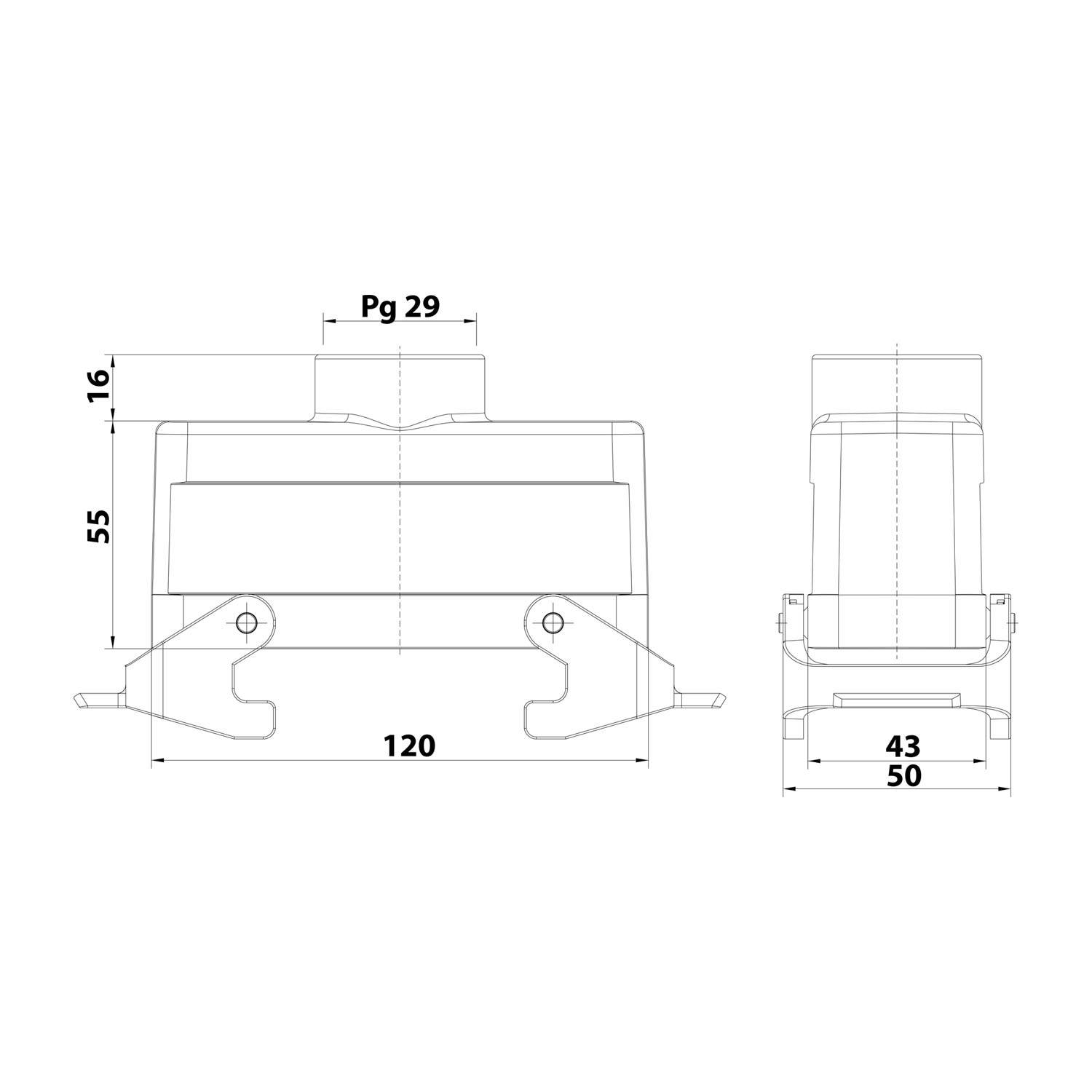 Technische Zeichnung einer Komponente mit Abmessungen: Höhe 55, Breite 120 und 50, Seite 29 oberer Abschnitt, Seitenansicht zeigt eine Höhe von 43.