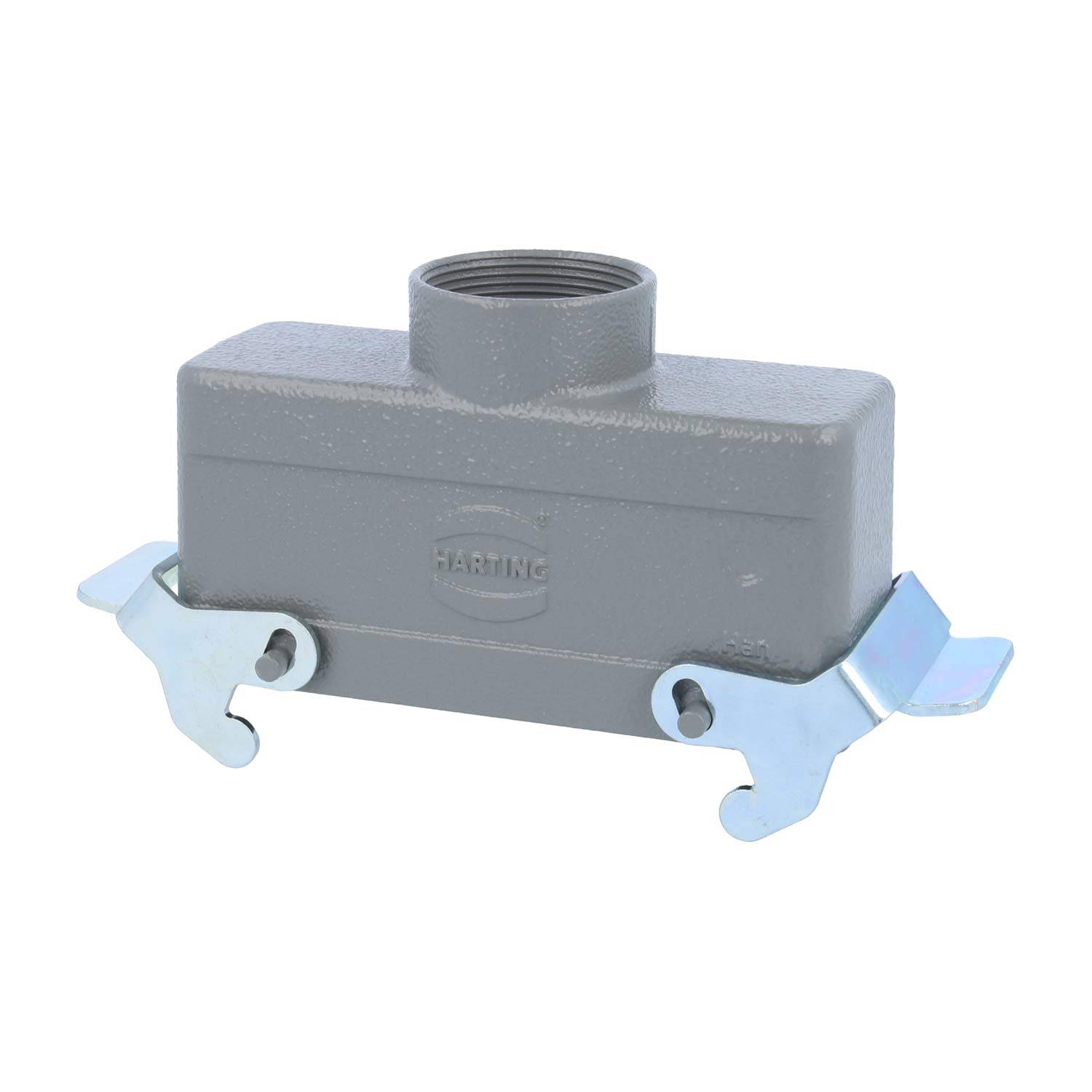 Rechteckiges graues Metallverbindergehäuse mit Verriegelungen an beiden Seiten, in der Mitte mit 