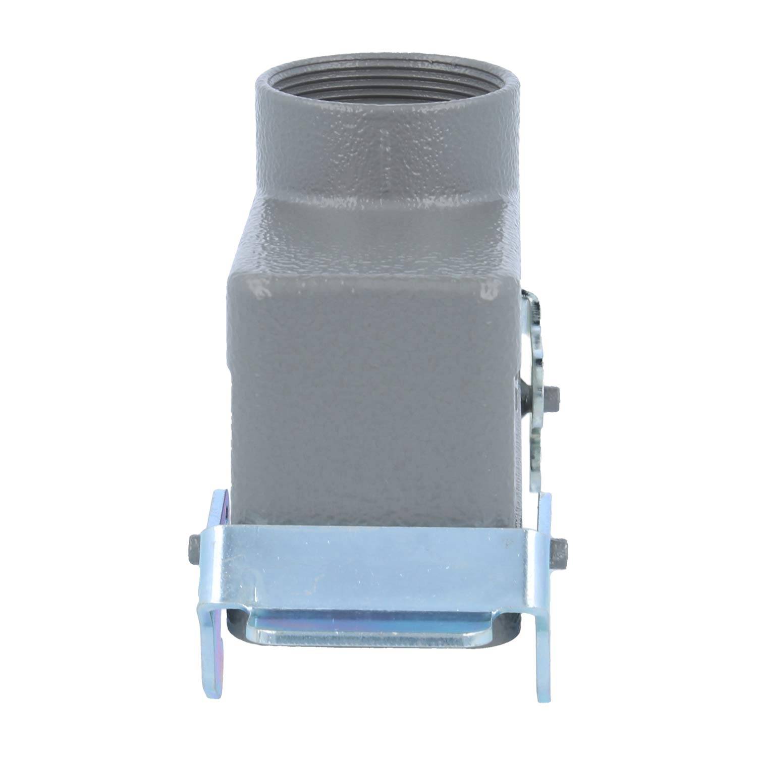 Ein quadratischer, grauer elektrischer Leitungsschelle mit einer Schraubklemme, die zum sicheren Verbinden von Metallrohren in elektrischen Installationen verwendet wird.