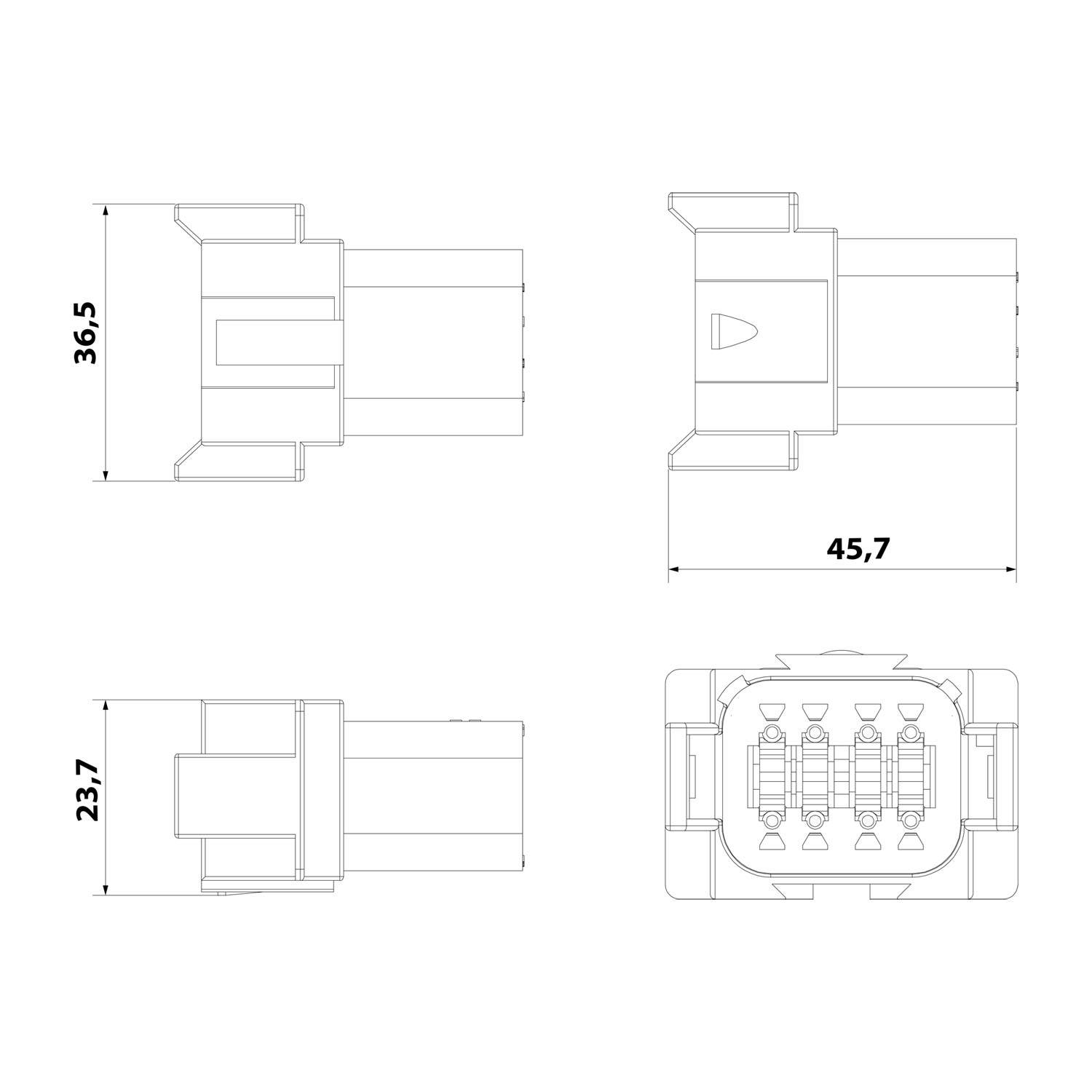 Technische Zeichnung eines rechteckigen elektrischen Anschlusses mit Abmessungen: Vorderansicht Breite 45,7 mm, Höhe 36,5 mm; Seitenansicht Höhe 23,7 mm.