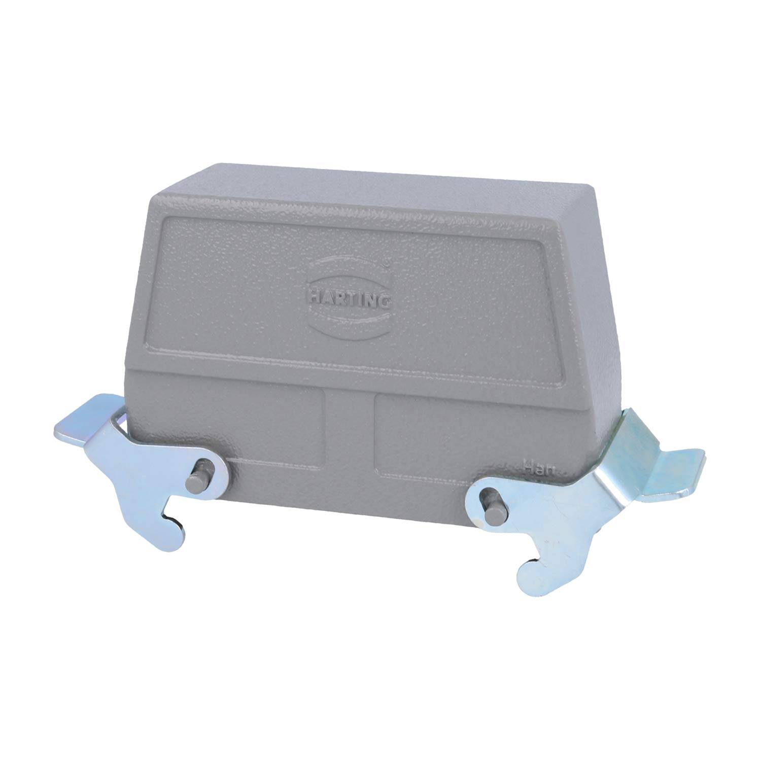 Ein grauer rechteckiger elektrischer Apparat mit einem Logo auf der Vorderseite und zwei Metallhalterungen an den Seiten.