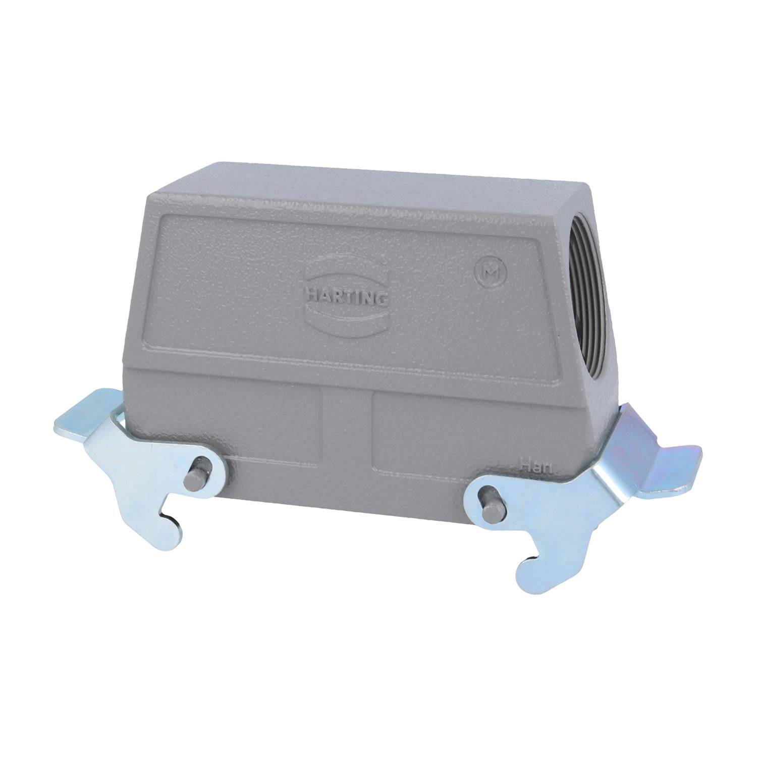 Ein rechteckiges graues elektrisches Anschlussgehäuse mit zwei metallischen Verriegelungen an beiden Seiten.