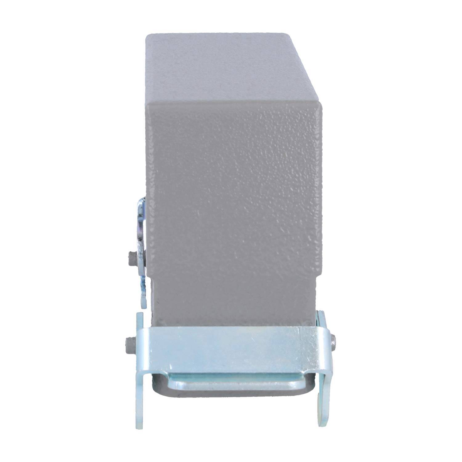 Frontansicht eines grauen rechteckigen Metallobjekts mit einer Halterung an der Basis, vermutlich eine Stütz- oder Befestigungskomponente.