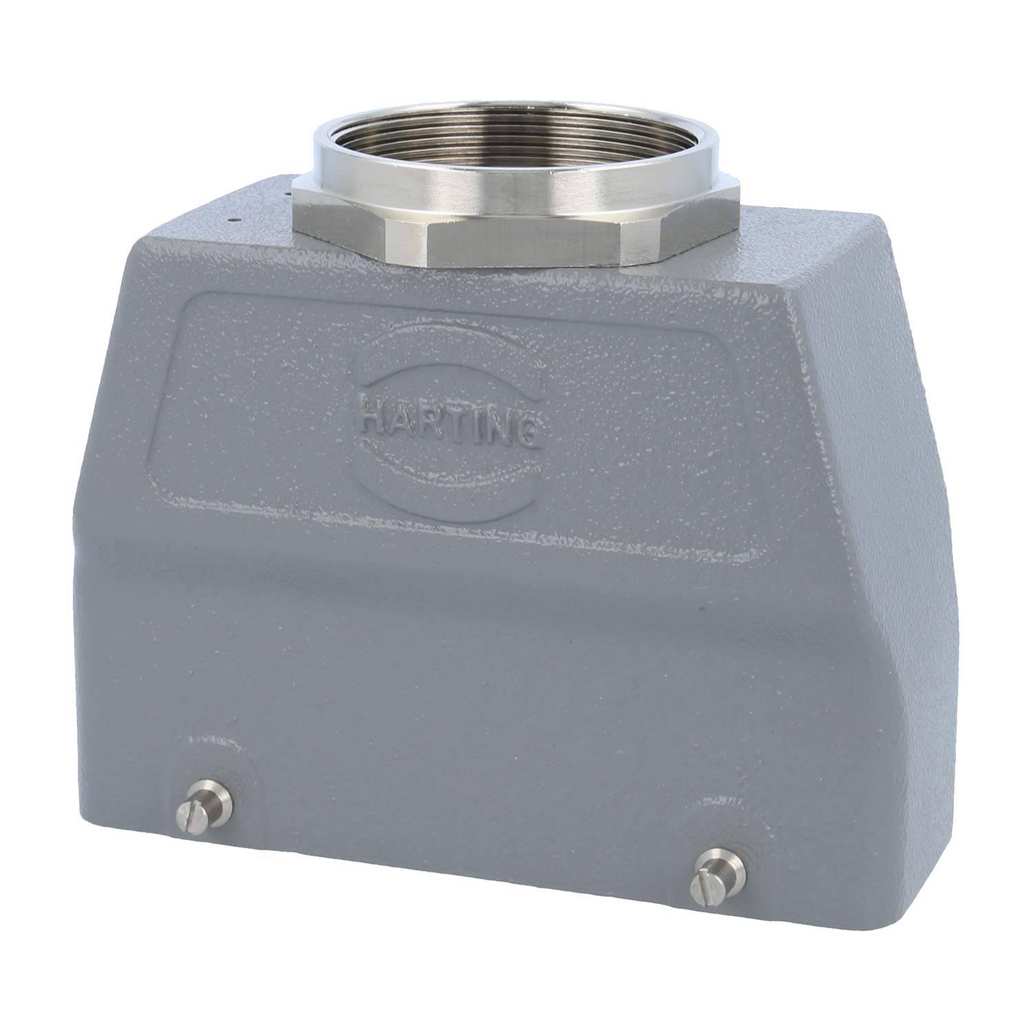 Ein graues, rechteckiges Metallgehäuse mit einer kreisförmigen Gewindöffnung oben. 