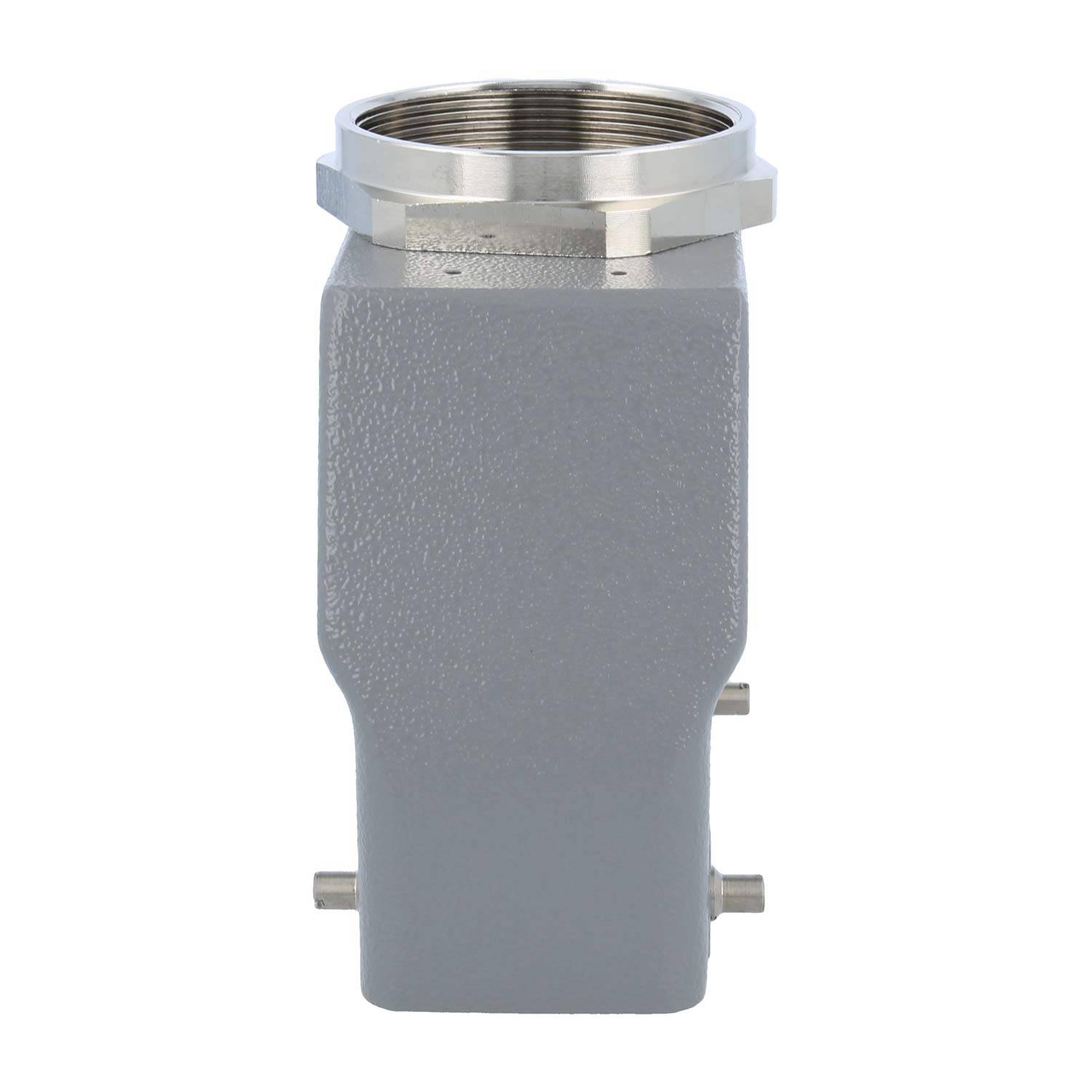 Ein grauer industrieller Anschlussgehäuse mit einem verschraubbaren Metalloberteil, vorgesehen für sichere Verbindungen in elektrischen Systemen.