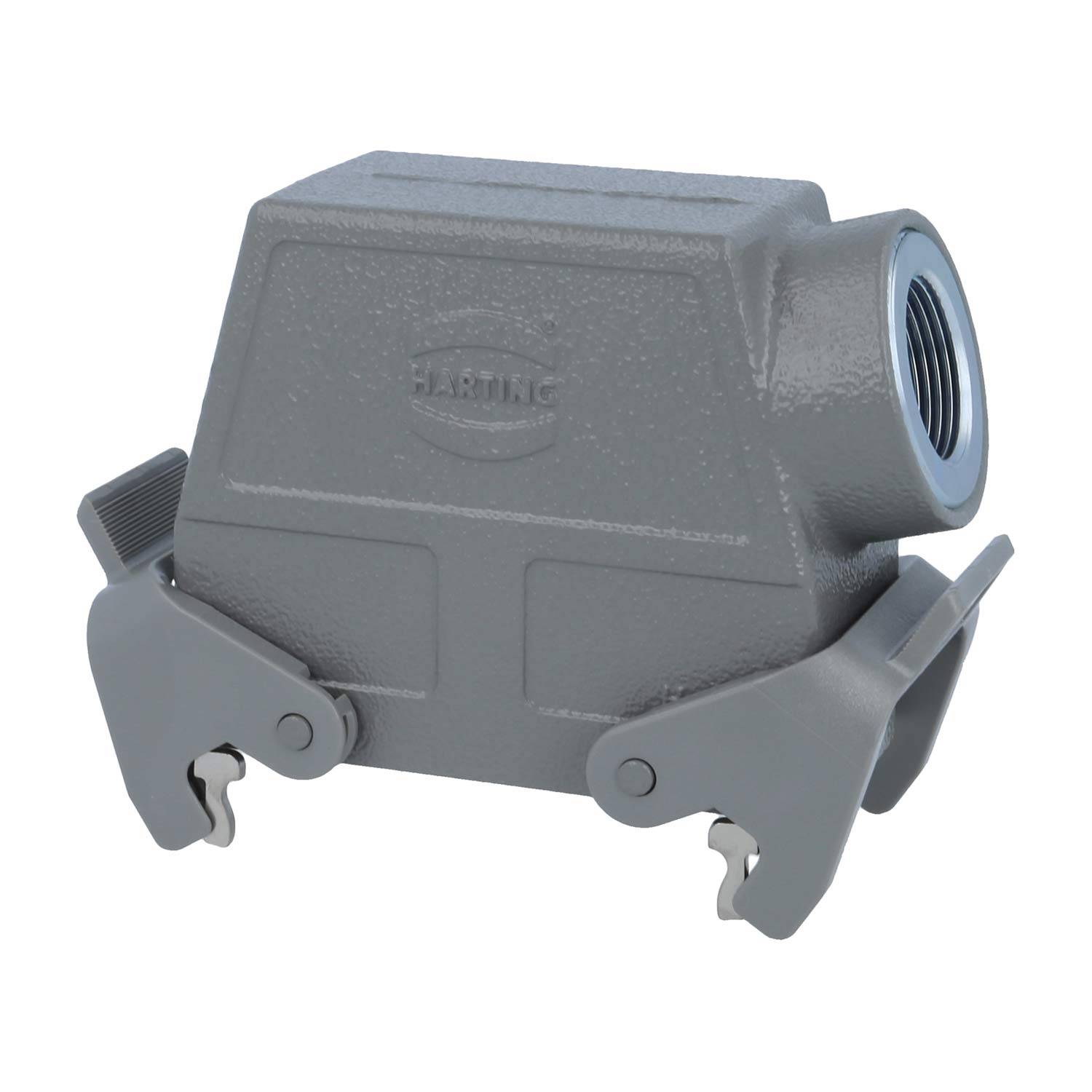 Ein grau industrieller Anschlussgehäuse mit verriegelten Klammern, mit dem auf der Seite eingeprägten 'HARTING' Logo.