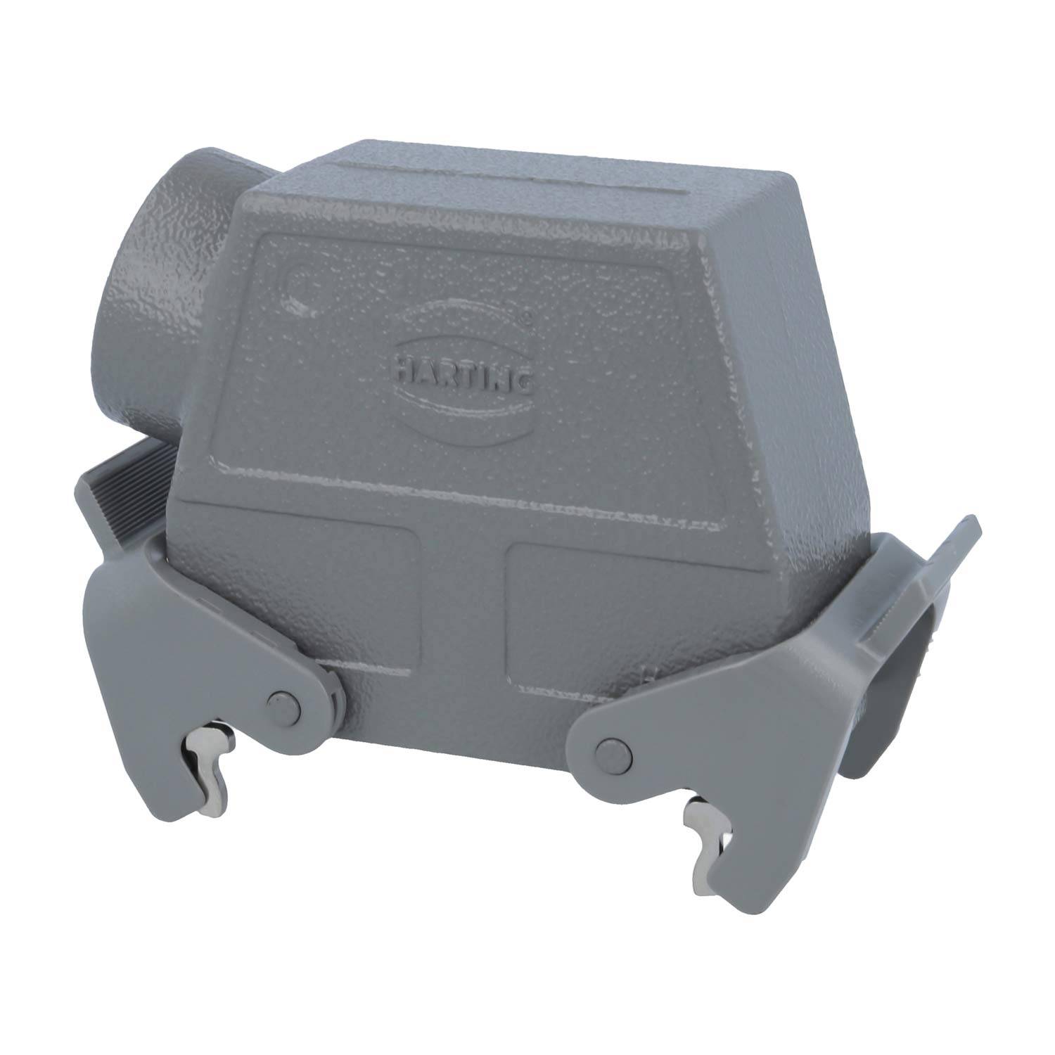 Ein grauer, rechteckiger industrieller Verbindermodul mit seitlichen Verriegelungen und eingeprägtem Markennamen.