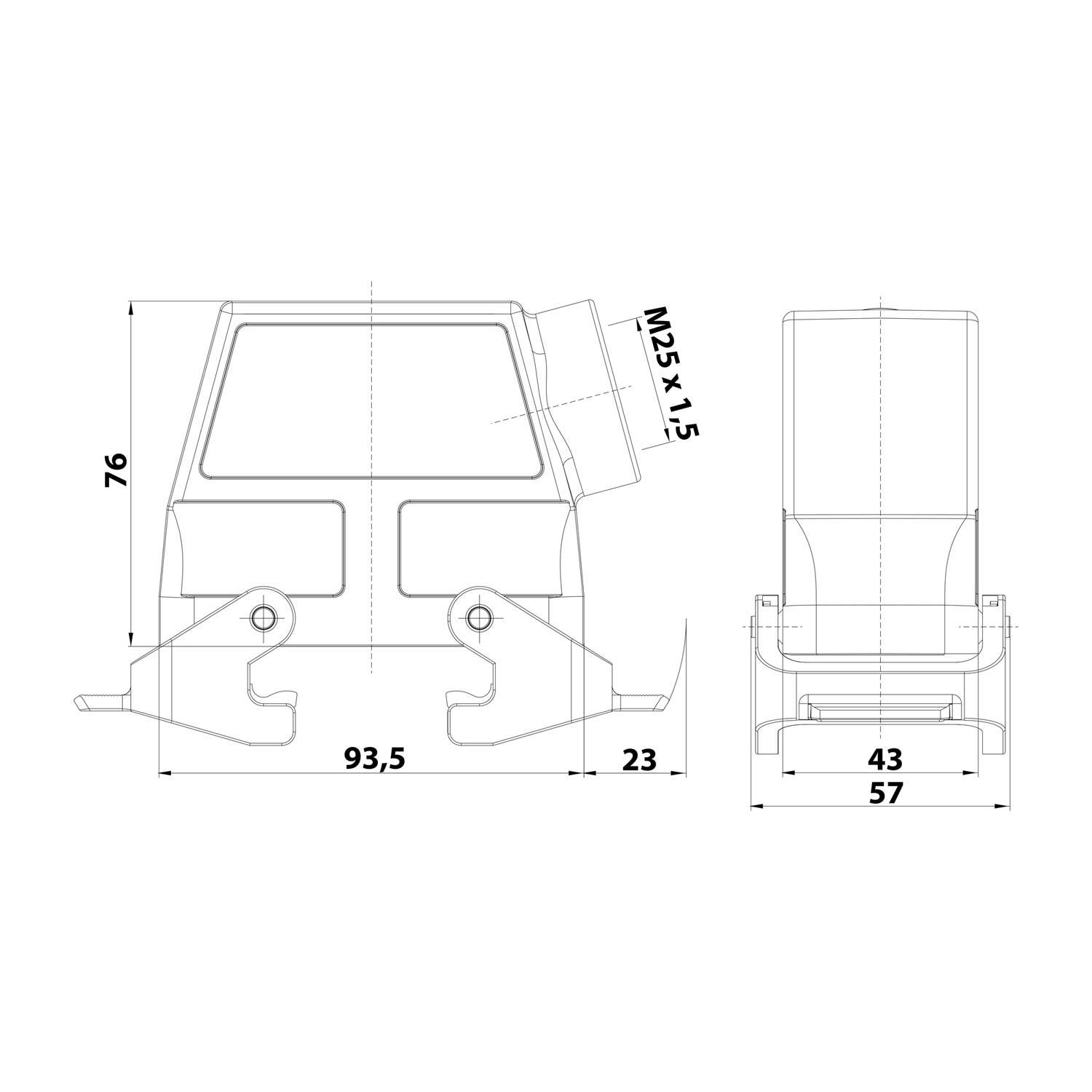 Technische Zeichnung eines mechanischen Bauteils mit Abmessungen: Höhe 76, Breite 93,5 und 23, Kennzeichnung M25x1,5, mit Vorder- und Seitenansicht.