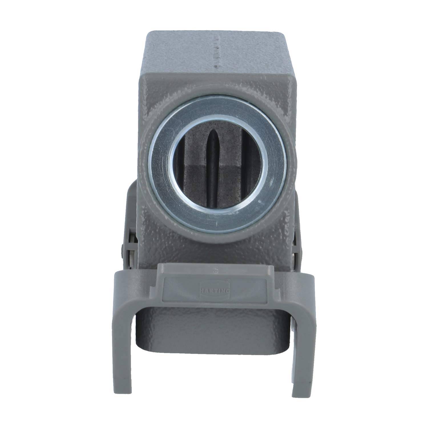 Eine Nahaufnahme einer grauen mechanischen Komponente mit einer kreisförmigen Öffnung an der Oberseite, von vorne betrachtet.