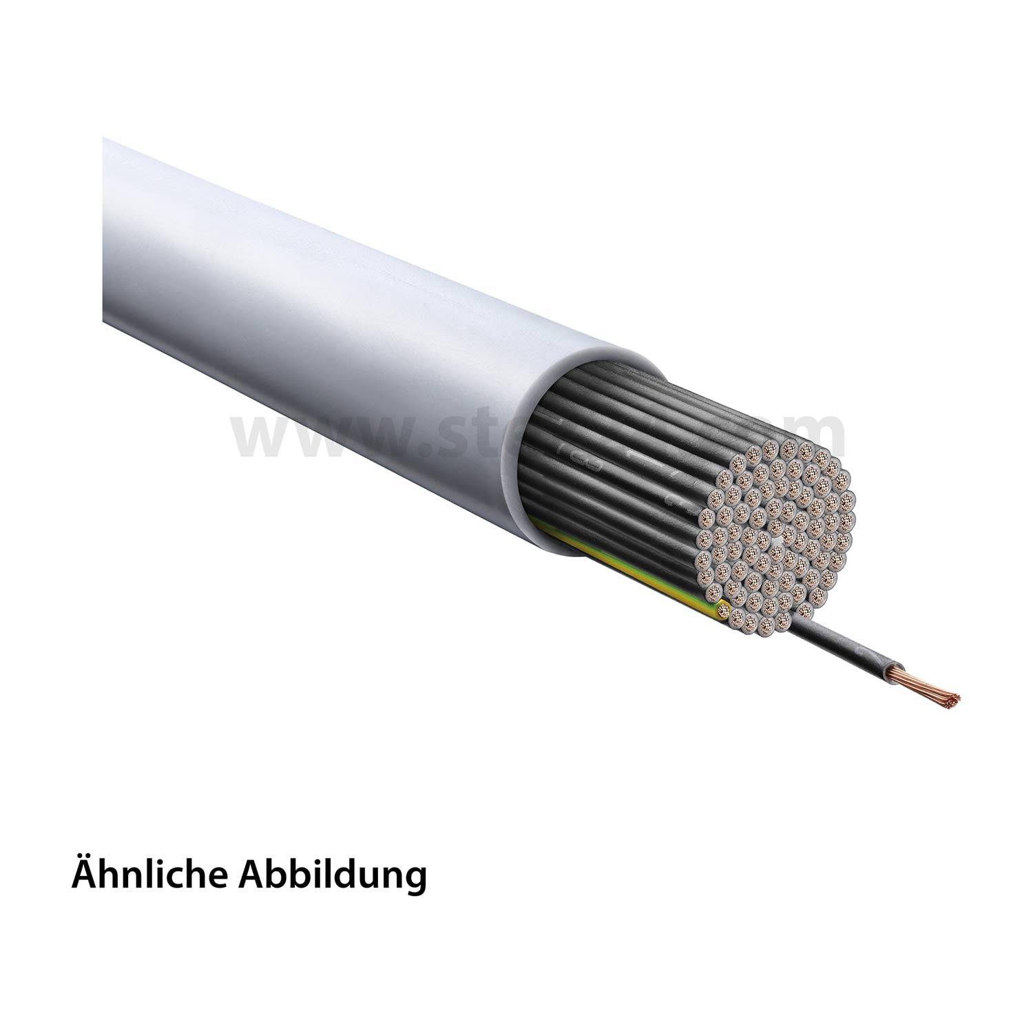 Ein Kabel mit mehreren freiliegenden Innendrähten an einem Ende, möglicherweise elektrisch oder für Kommunikation, neben dem Text 