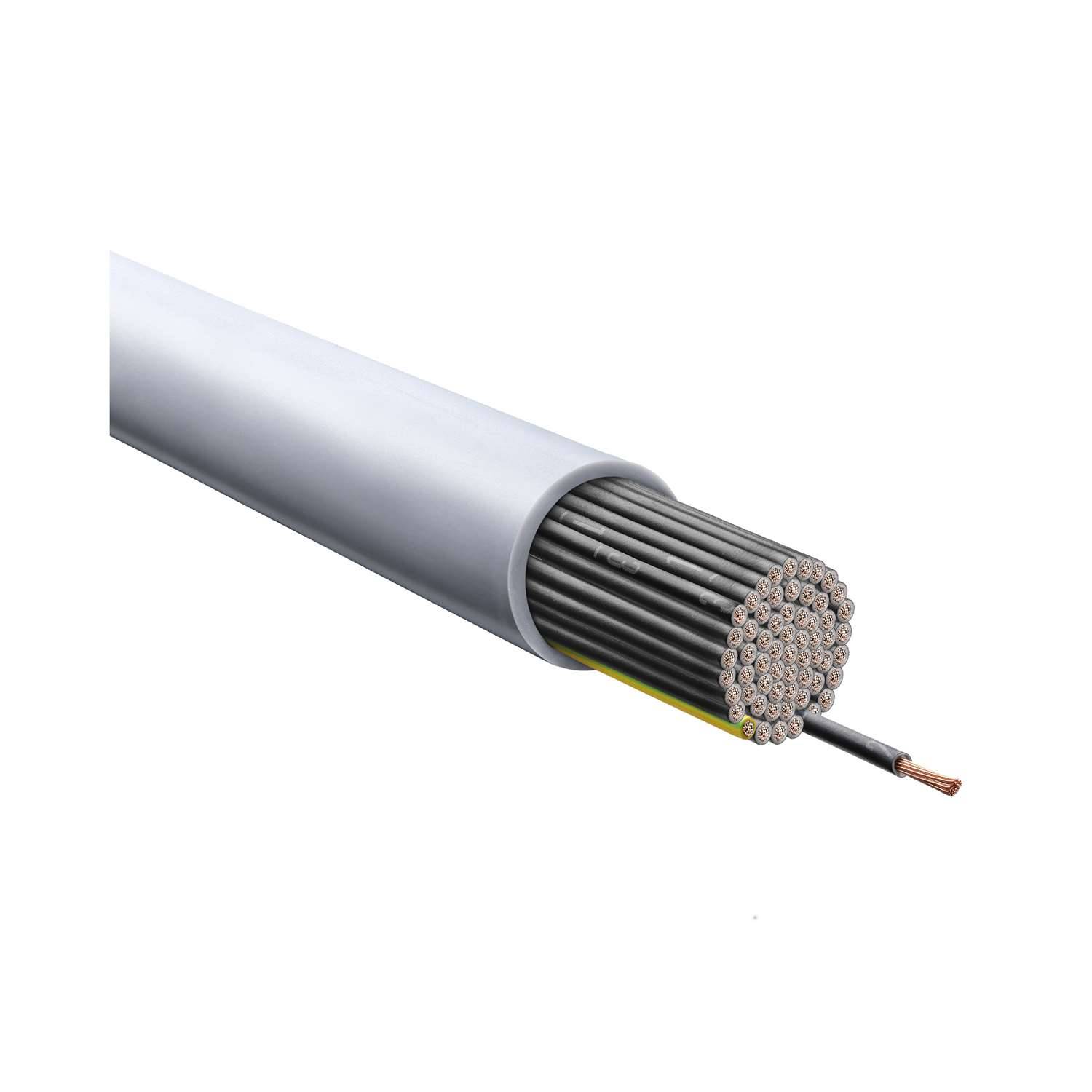 Eine Nahaufnahme eines mehradrigen Elektrokabels mit teilweise entfernter Isolierung, die zahlreiche dünne Kupferdrähte im Inneren zeigt.