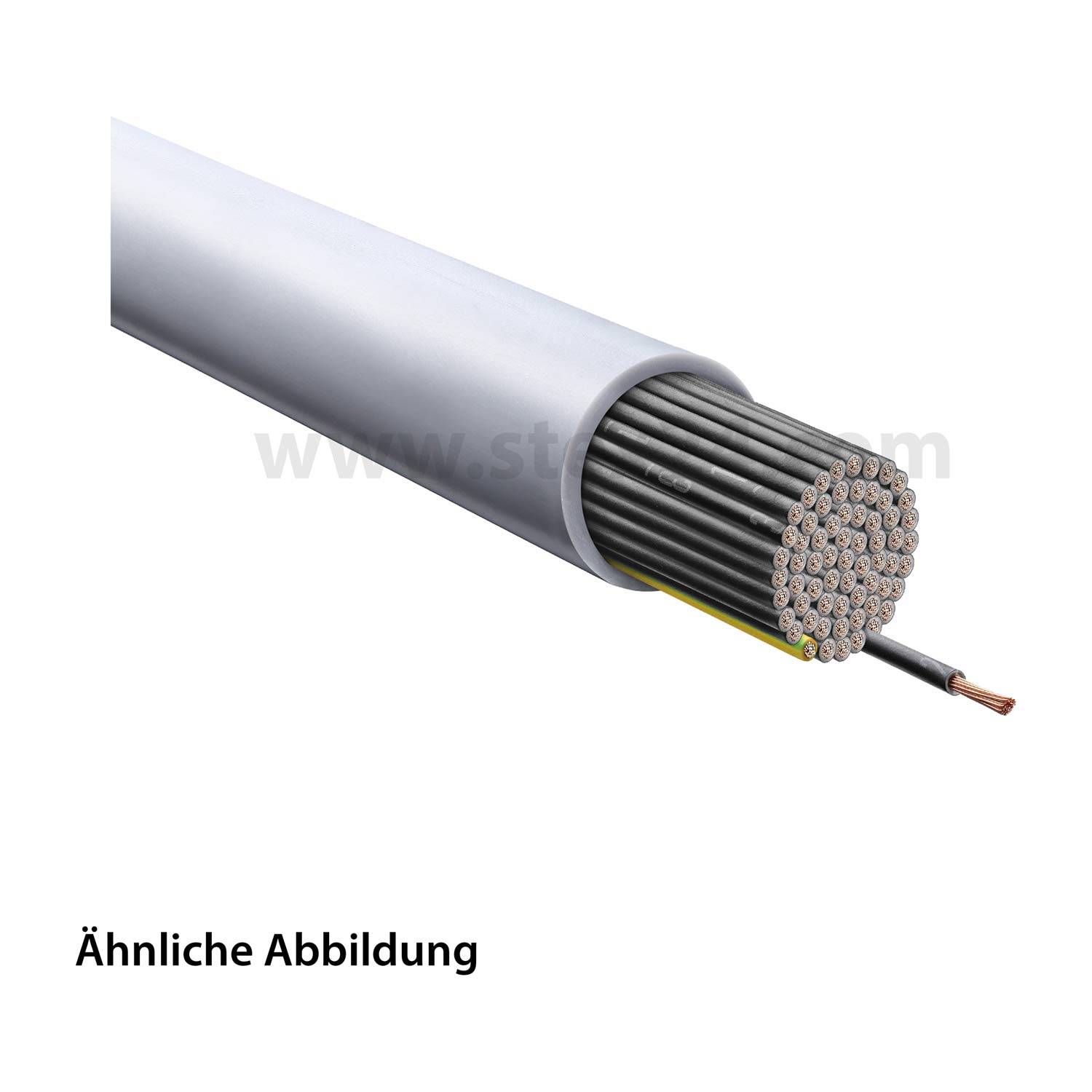 Ein Nahaufnahmebild eines grauen Kabels, das aufgeschnitten wurde, um die mehreren kleineren Drähte im Inneren zu zeigen, die deren Struktur und Anordnung offenbart. Text lautet: 'Ähnliche Abbildung'.