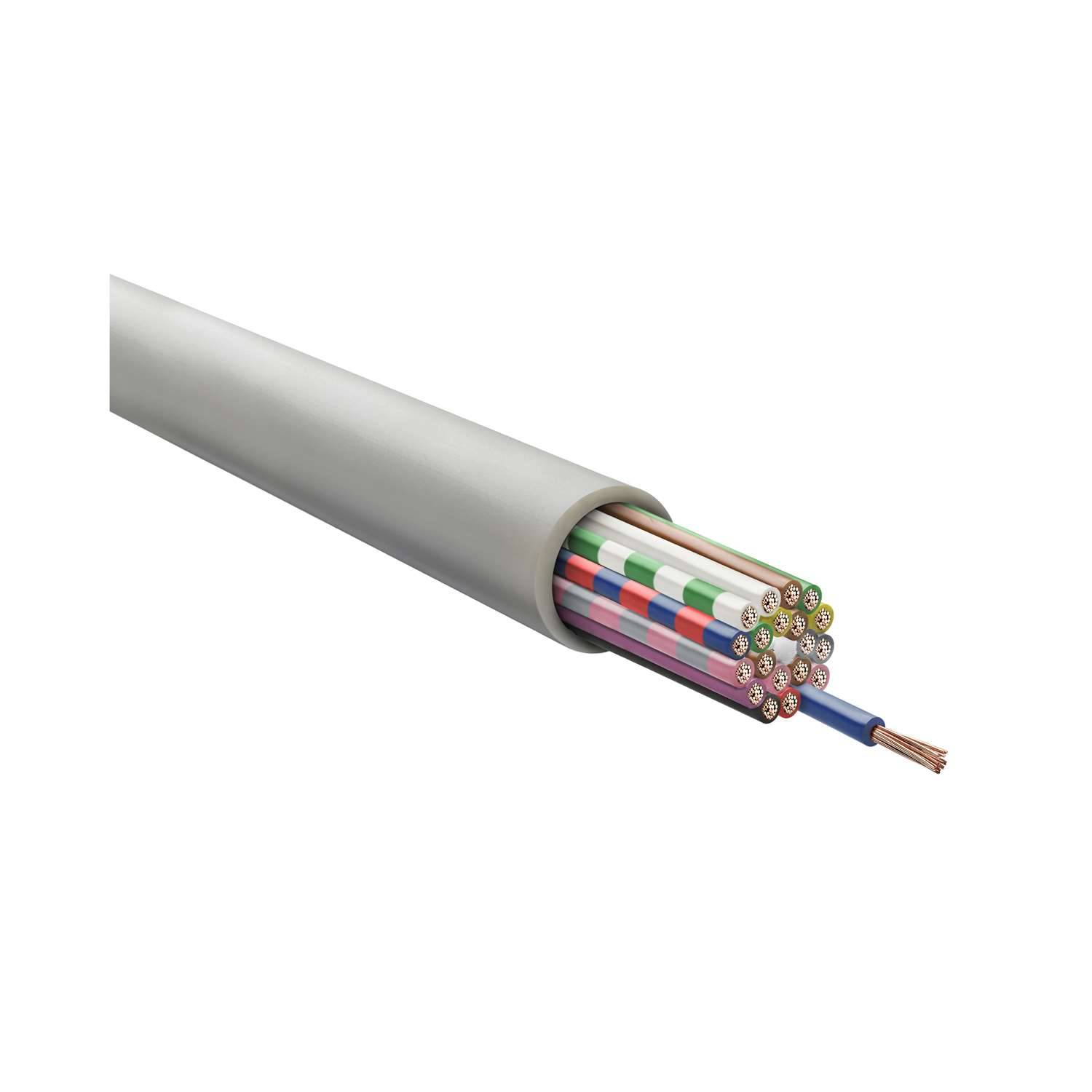 Querschnitt eines Telekommunikationskabels mit farbigen internen Drähten, die zusammengebündelt sind und aus dem geschnittenen Ende der Außenschicht herausragen.