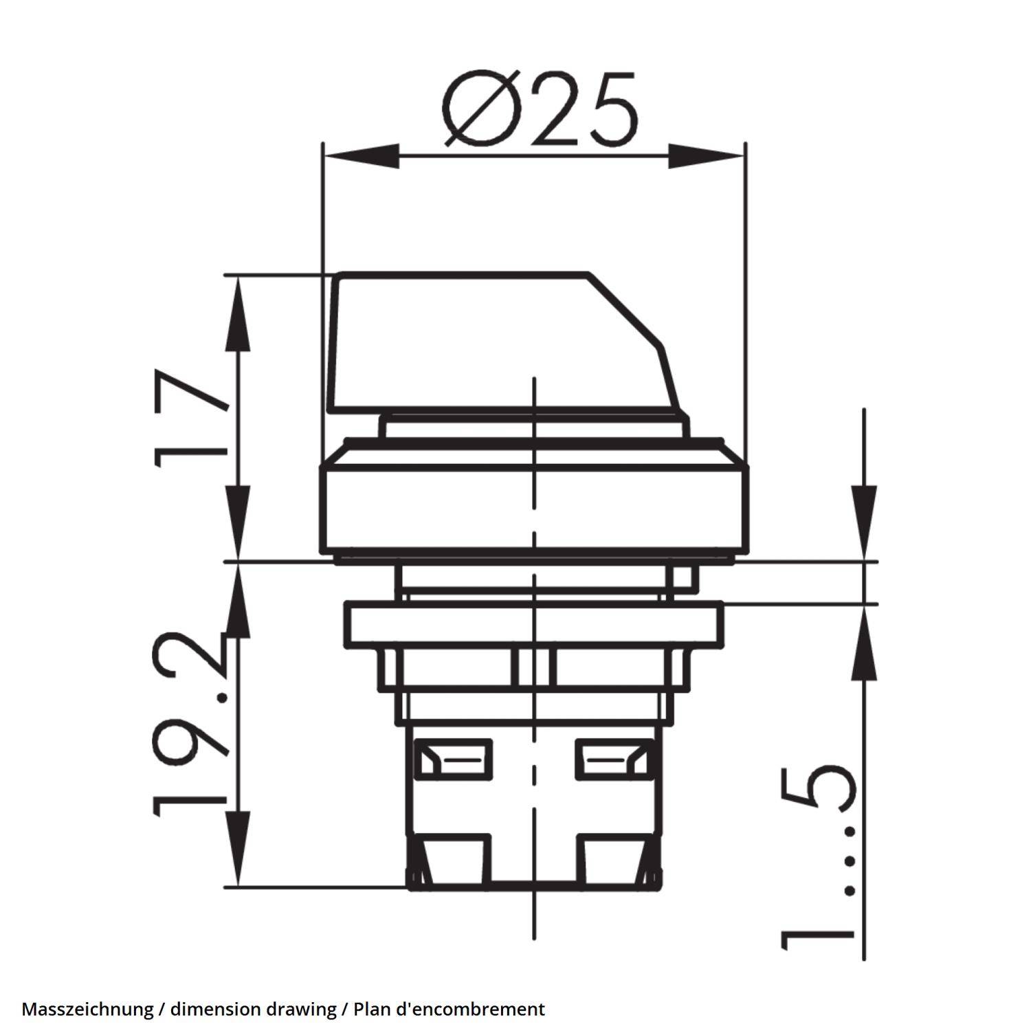 Diagramm eines zylindrischen Knopfs mit Maßangaben: Durchmesser 25 mm, Höhe 17 mm plus 1,5 mm Basis und 19,2 mm Breite an der Basis.